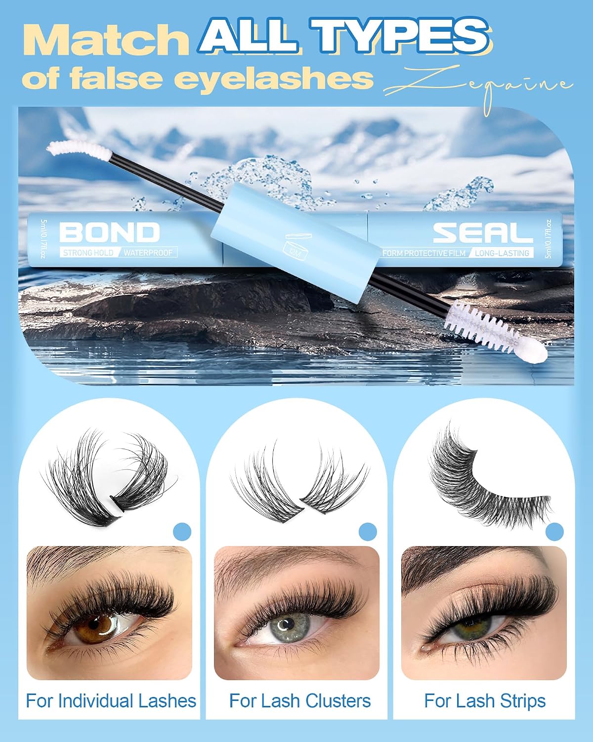 White Bond and Seal Lash Glue Waterproof Clear Lash Cluster Glue For Eyelash Clusters Sleep Safe Sweatproof Long Lasting Invisible Lash Extension Adhesive DIY At Home by Zegaine
