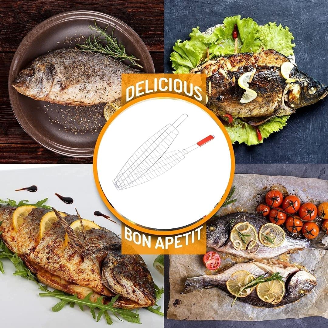 LOMESH Chromium Plated Portable Barbecue Fish BBQ Grill Net Basket Roast Grilling Tray BBQ Clip Folder Grill Barbecue Mesh Camping Grill Hinged Basket with Wooden Handle for Fish Meat Vegetables - Image 2 thumbnail