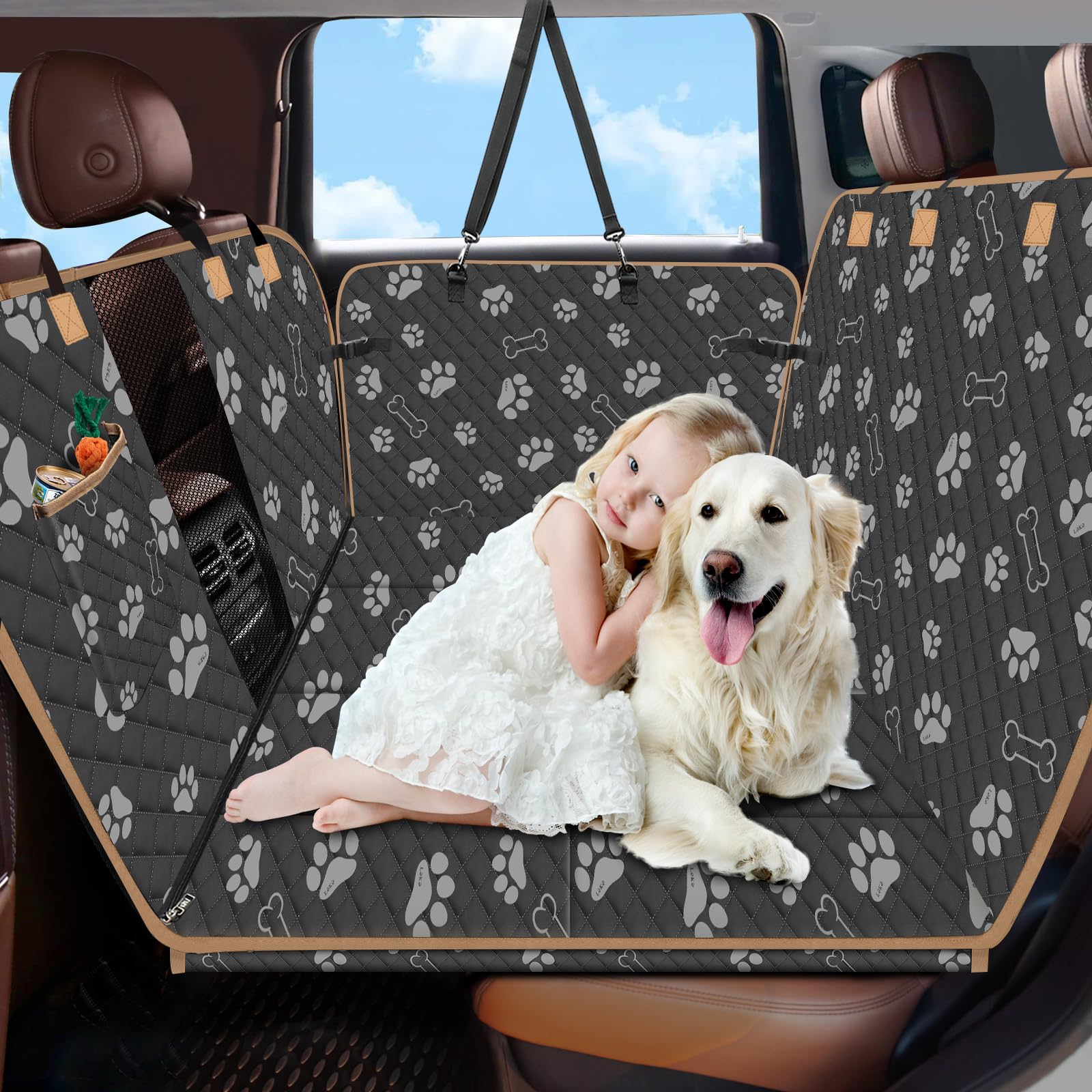 Lekespring Dog Car Seat Cover for Back Seat, Larger Dog Car Bed Cover with Strong Bottom, Car Back Seat Extender Hammock for Car SUV Truck Black Footprint