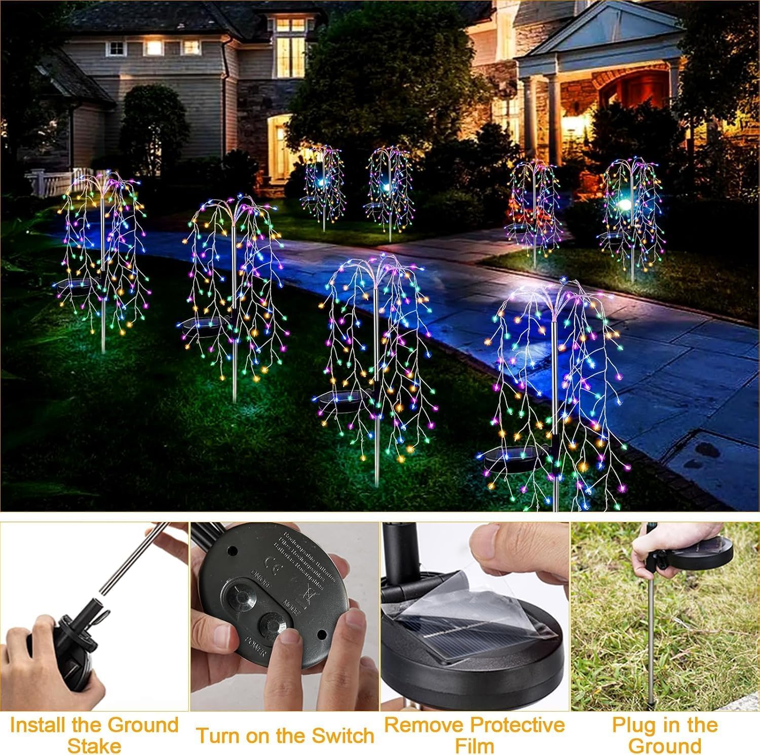Solar Garden Christmas Lights, 1Pack Solar Willow Tree Lights, 200LEDs Solar Fairy Pathway String Lights 8 Modes Waterproof Copper Wire for Home Yard Christmas Decoration
