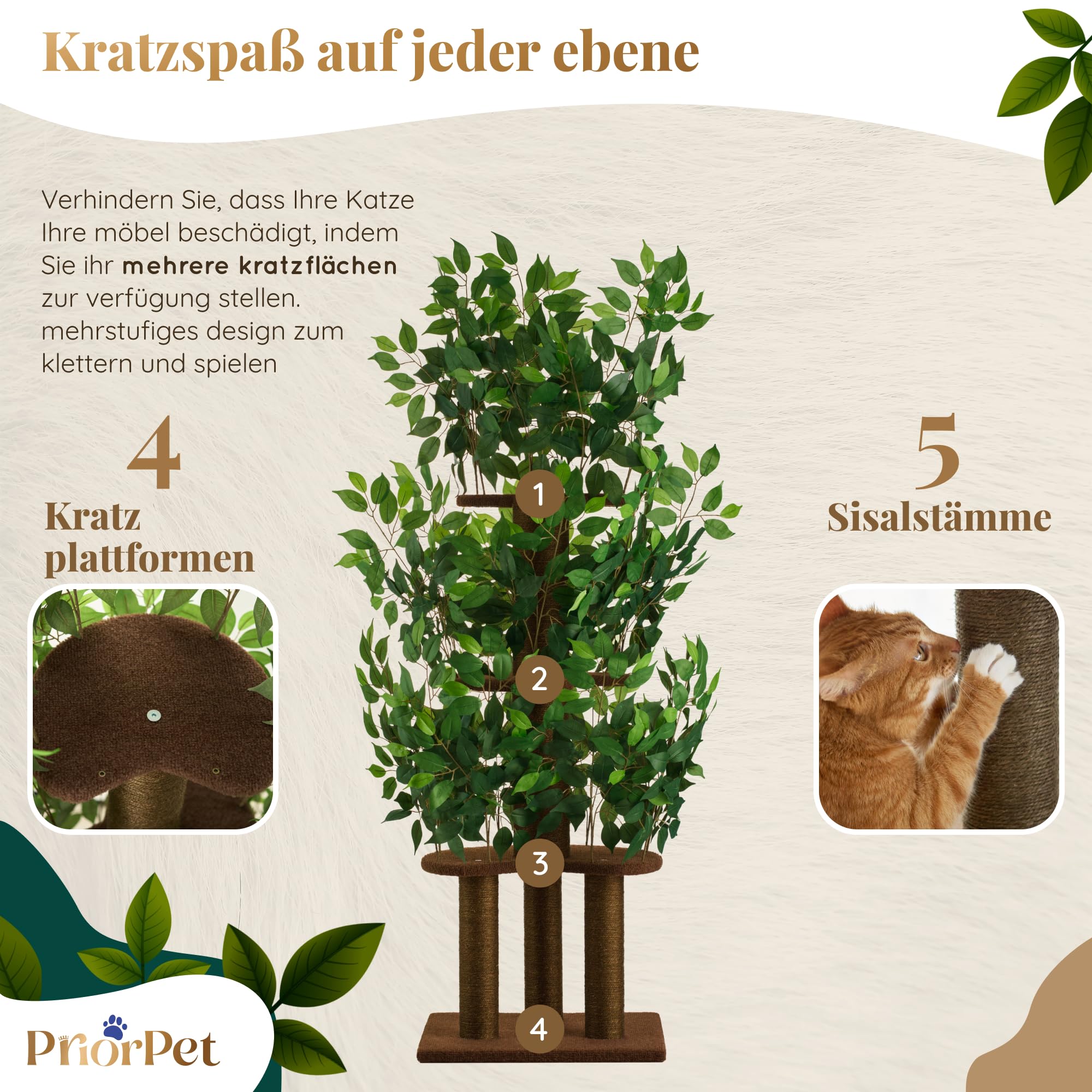 Kratzbaum mit Blättern – Stabiler & Platzsparender Katzenbaum – 4 kratzbare Ebenen & 3 Kratzsäulen – Klettern, Verstecken, Schlafen – Einfache Montage – Haustiersicherer & Langlebiger Cat Tree Natur