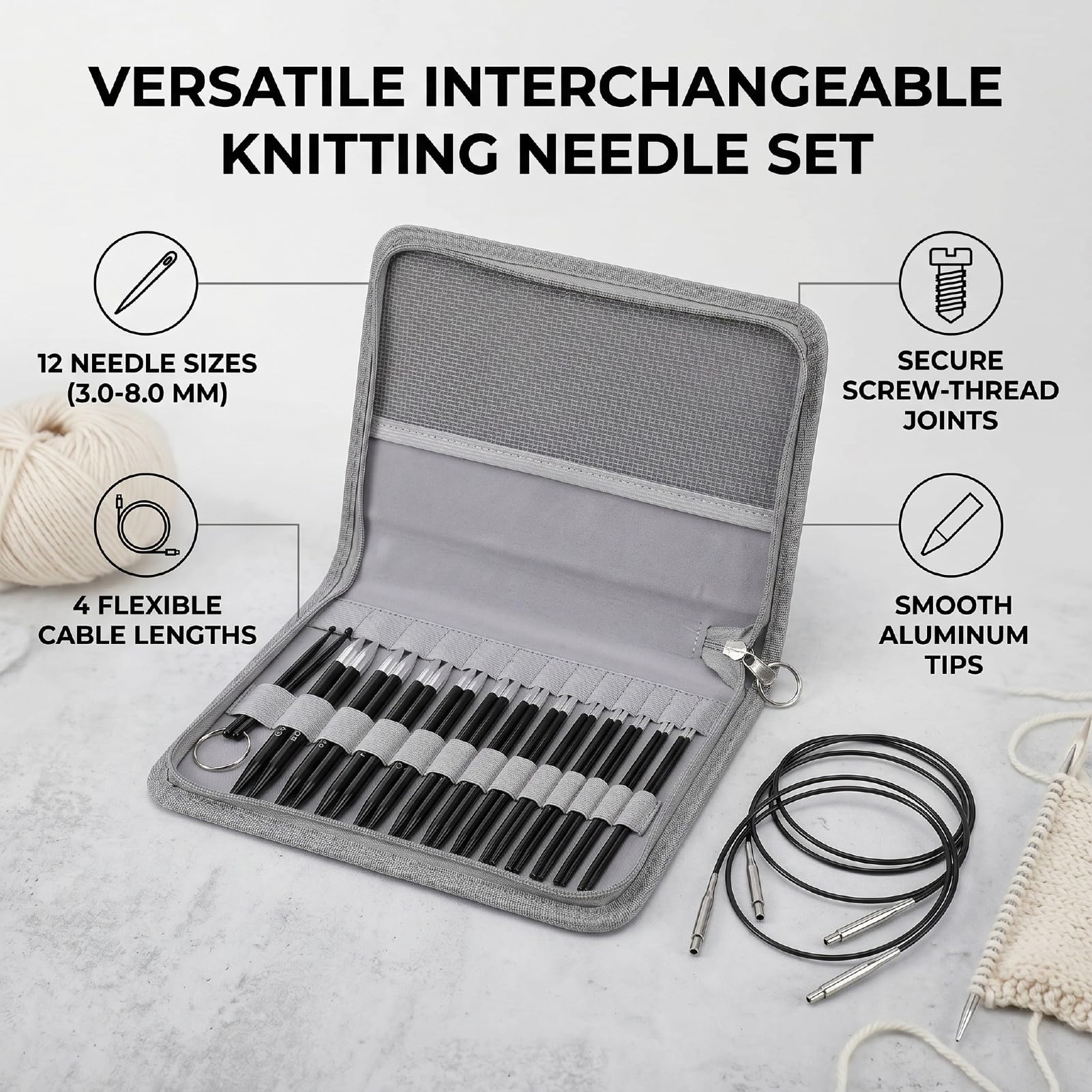 Cryfokt Austauschbares Stricknadel-Set, 12 Paar, 3–8 Mm, mit Kabeln, Leichtes Rundstricknadel-Set aus Aluminium Zum Stricken von Socken, Babymützen und Anderen Kleinen Projekten