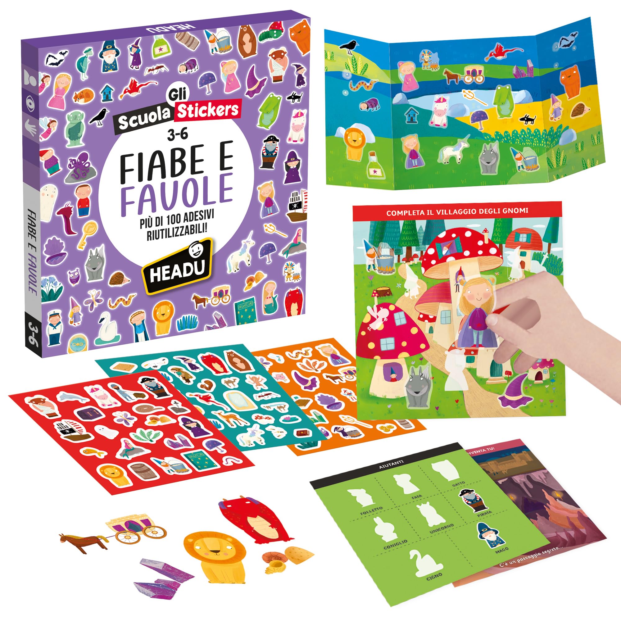 HEADU Scuola Stickers Fiabe e Favole Oltre 100 Stickers Riutilizzabili Giochi Educativi Bambini 3-6 Anni