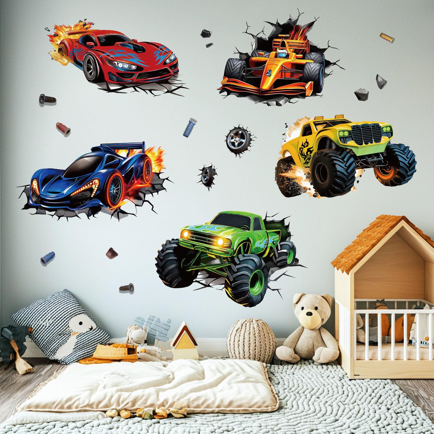 Stickers muraux 3D voitures de course – Camion éclatant à travers le mur, voitures de course F1 pour chambre d'enfant et chambre de garçon