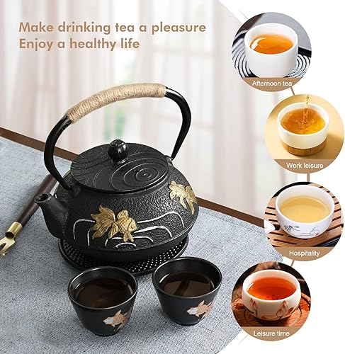 Miniatura 6 de RekRang Hand-Painted Goldfish Cast Iron Teapot Set Japanese Style Tetsubin Tea Kettle Set With Removeable Infuser and 4 Stainless Steel Cups for