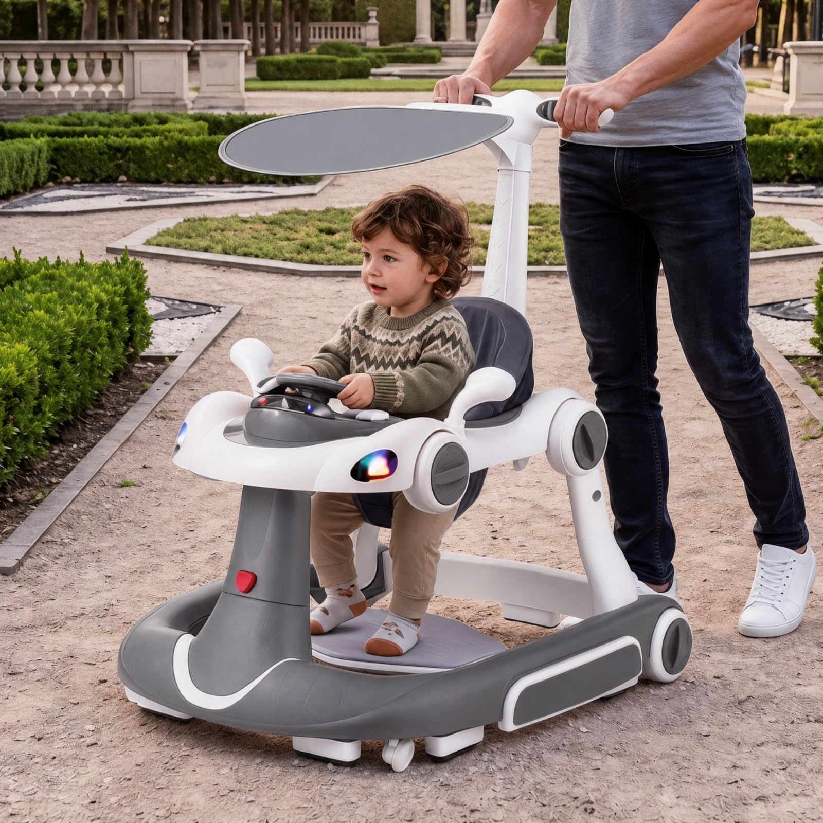 GIANTEX Andador para Bebés Plegable 7 en 1 con Capota (Gris+Blanco) | Tacatá Plegable con Velocidad y Altura Ajustables, Centro de Actividades con Música y Luces para Bebés de 7 a 18 Meses