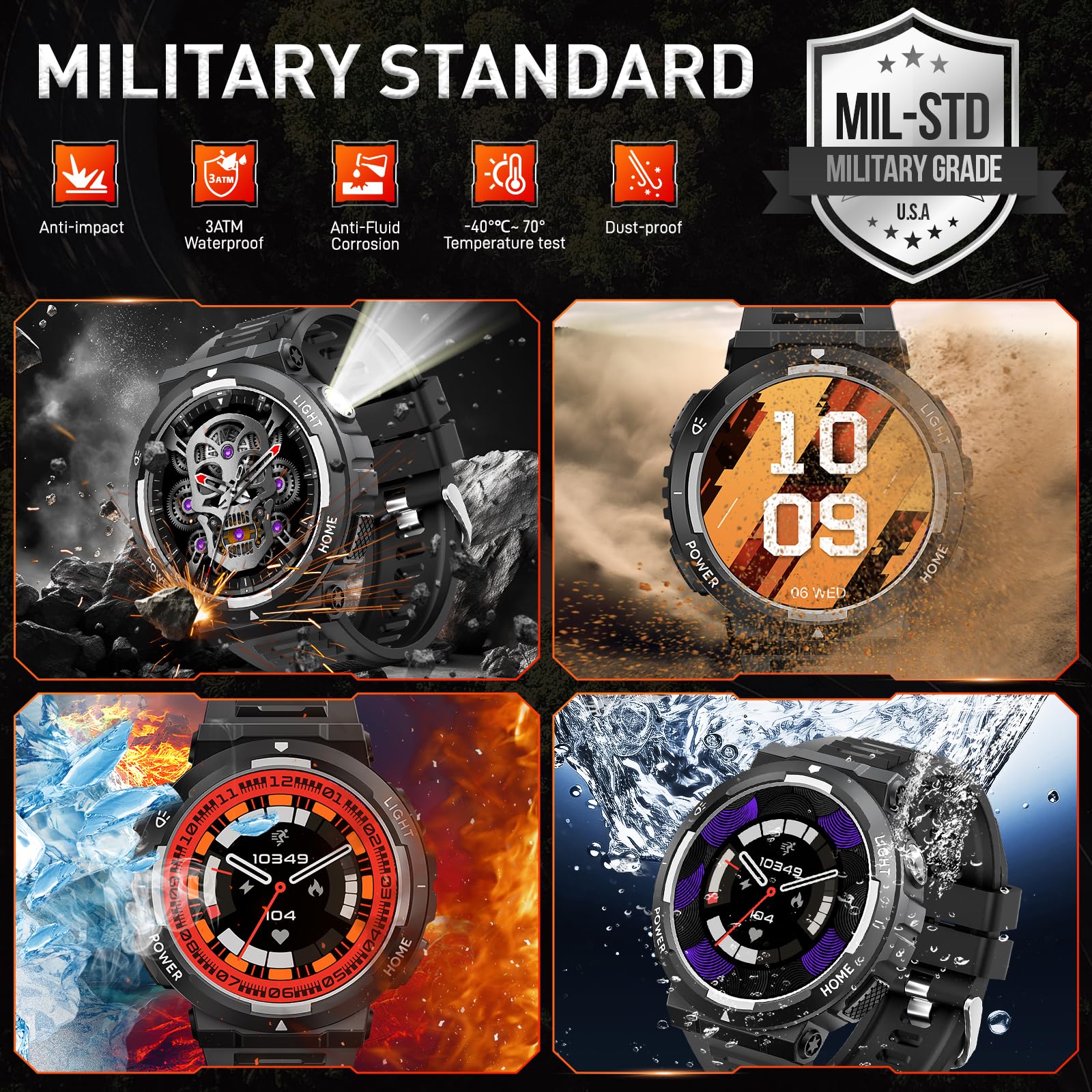 Montre intelligente militaire pour homme (répondre/passer des appels) avec lampe de poche LED étanche 3 ATM avec plus de 100 modes de sport Tracker d'activité 3,9 cm avec moniteur de fréquence