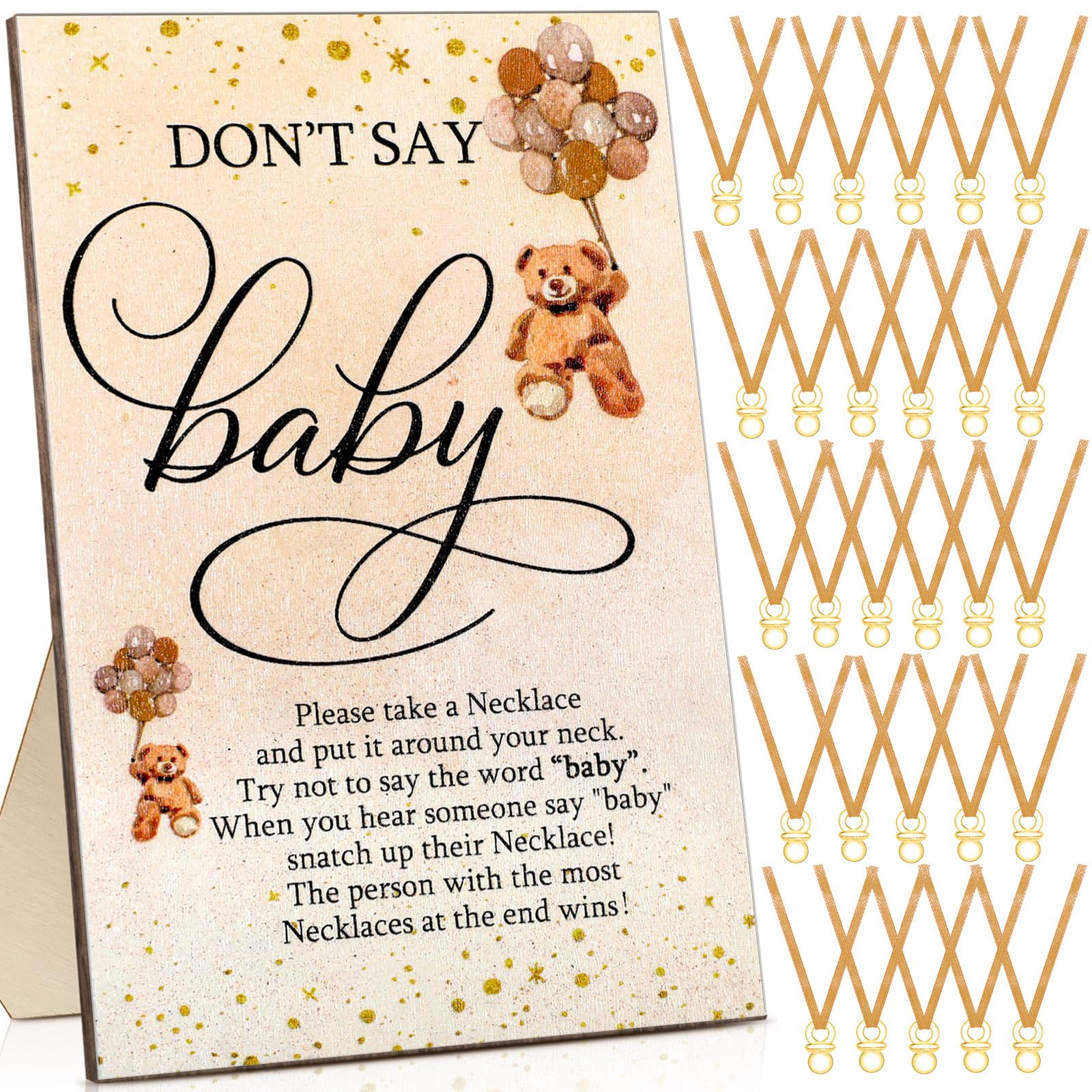 Wesiti 51 Pcs Baby Shower Games Pacifier Necklace Wooden Sign,Brown,Bear | 50 Necklaces with Acrylic Pacifiers, Gender Reveal Party Favors, We Can Bearly Wait Theme Decor for Shower Guests