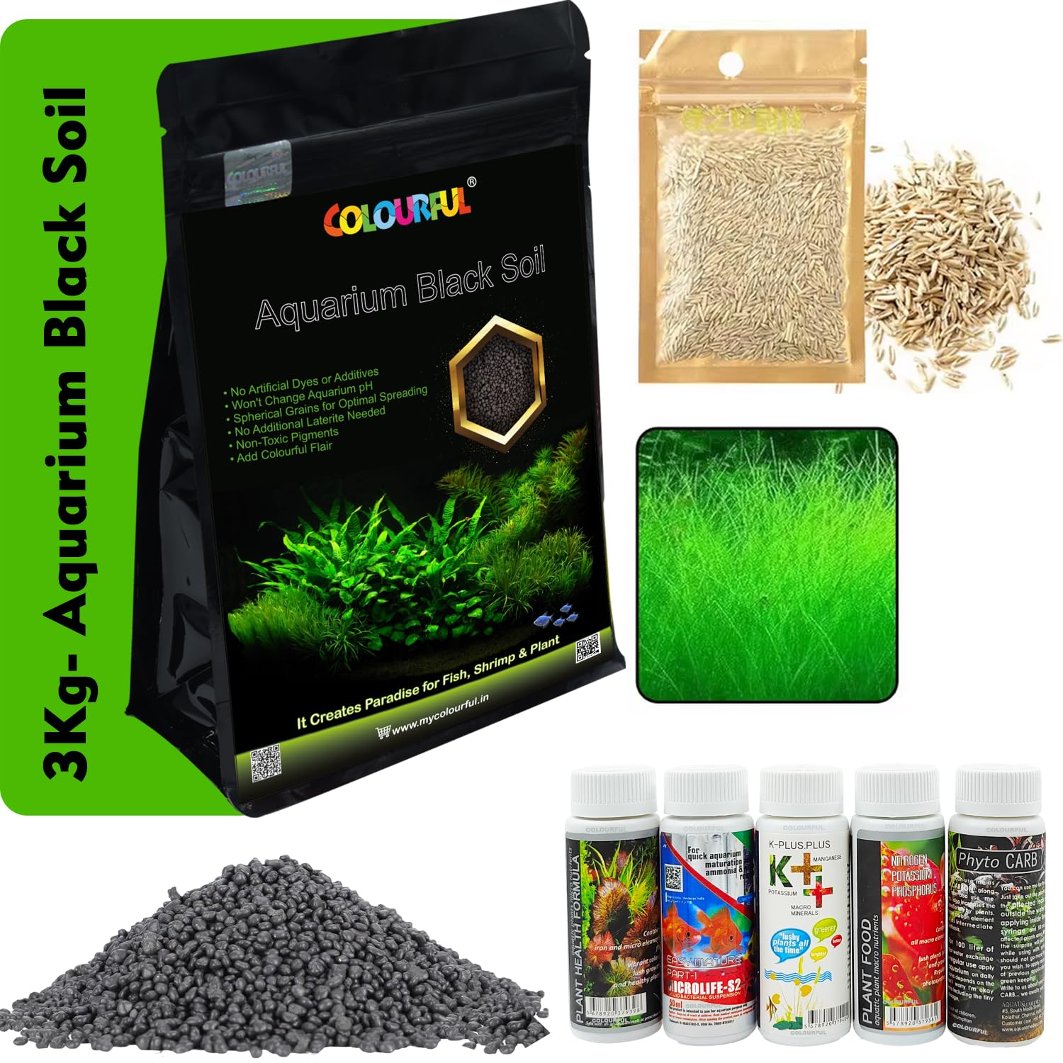 COLOURFUL - Planted Aquarium Black Soil Substrate Aqua Soil for Fish Tank | Live Planted Aquarium | Seeds and Plant Fertilizers (3Kg Soil + Grass Plant Seeds Big + 5 in1 Plant Fertilizers Medicine) (B0D6Z5NL2D) Amazon Price History, Amazon Price Tracker