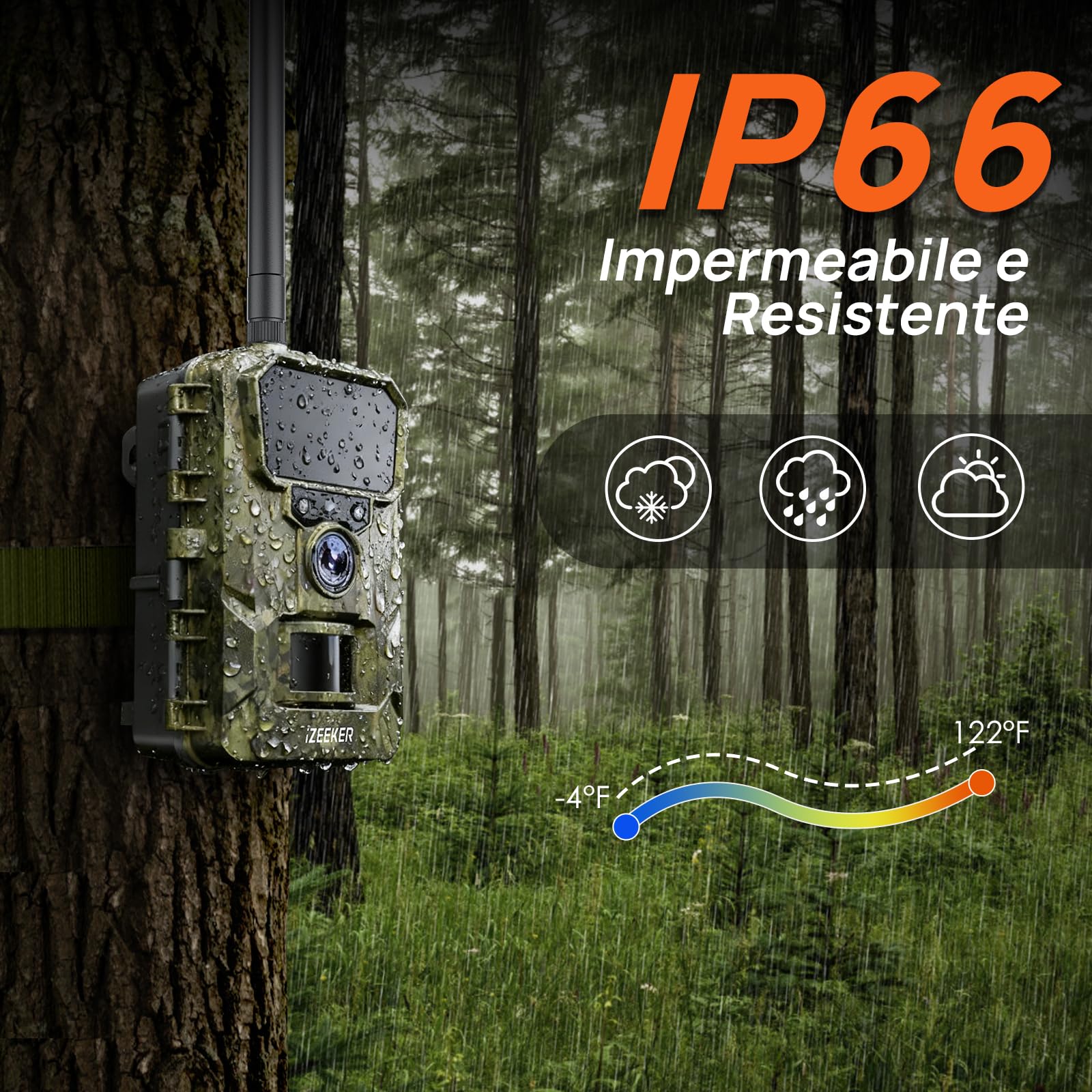 iZEEKER 2 in 1 Fototrappola Cloud 4G & Standard, 2K HD 48MP Fototrappola con Sim Visione Notturna Motion Attivato Senza Wi-Fi Controllo App Time Lapse Registrazione in loop Impermeabile IP66 per Fauna