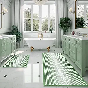 Bathroom Rugs and Mats Sets, 2 Piece Thick Absorbent Chenille Bath Mat Rug Set Non Slip, Soft Shaggy Bath Room Floor Mats for Bathroom, Machine Washable (Light Green, 24" x 70" Plus 20" x 32")