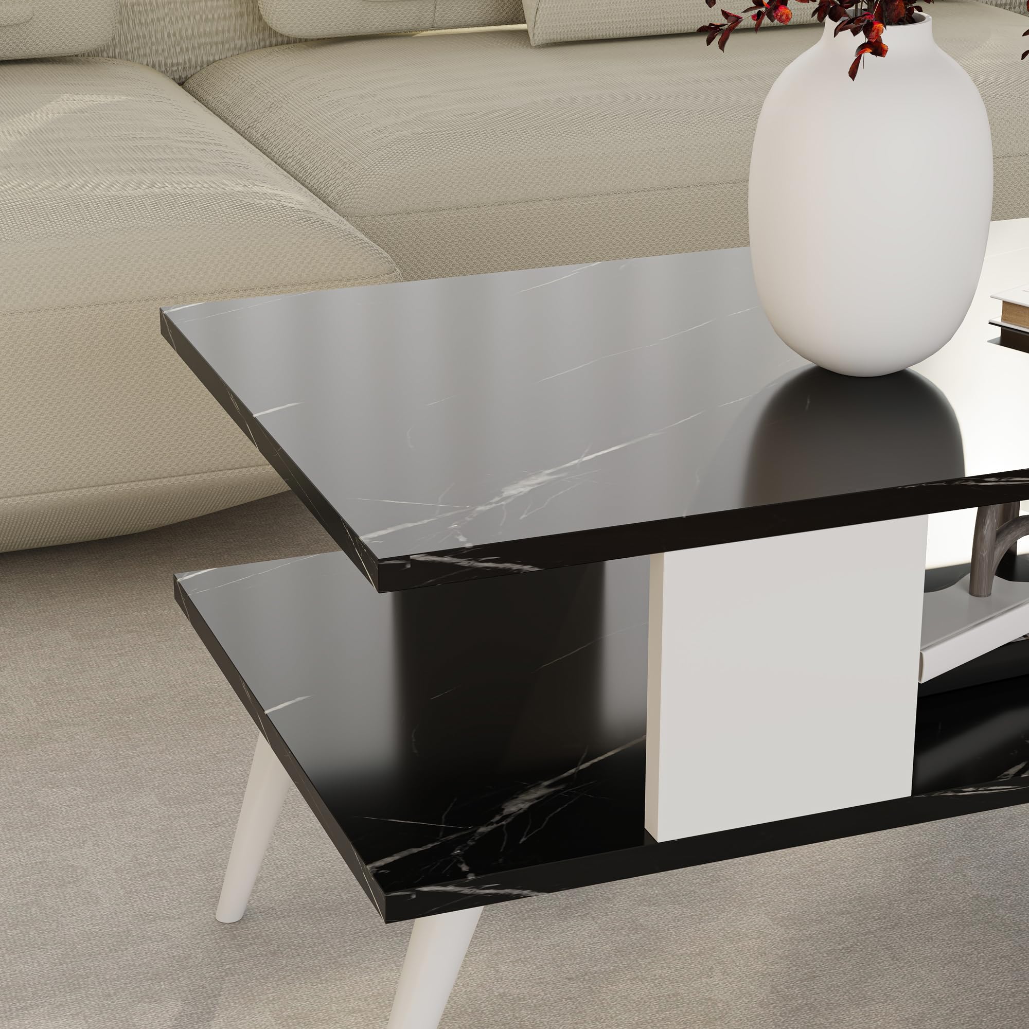 [en.casa] Mesa de Centro Rectangular Mesa Baja Estable con Estante para Salón Mesa Auxiliar Aglomerado 40 x 90 x 45 cm Mármol Negro/Blanco