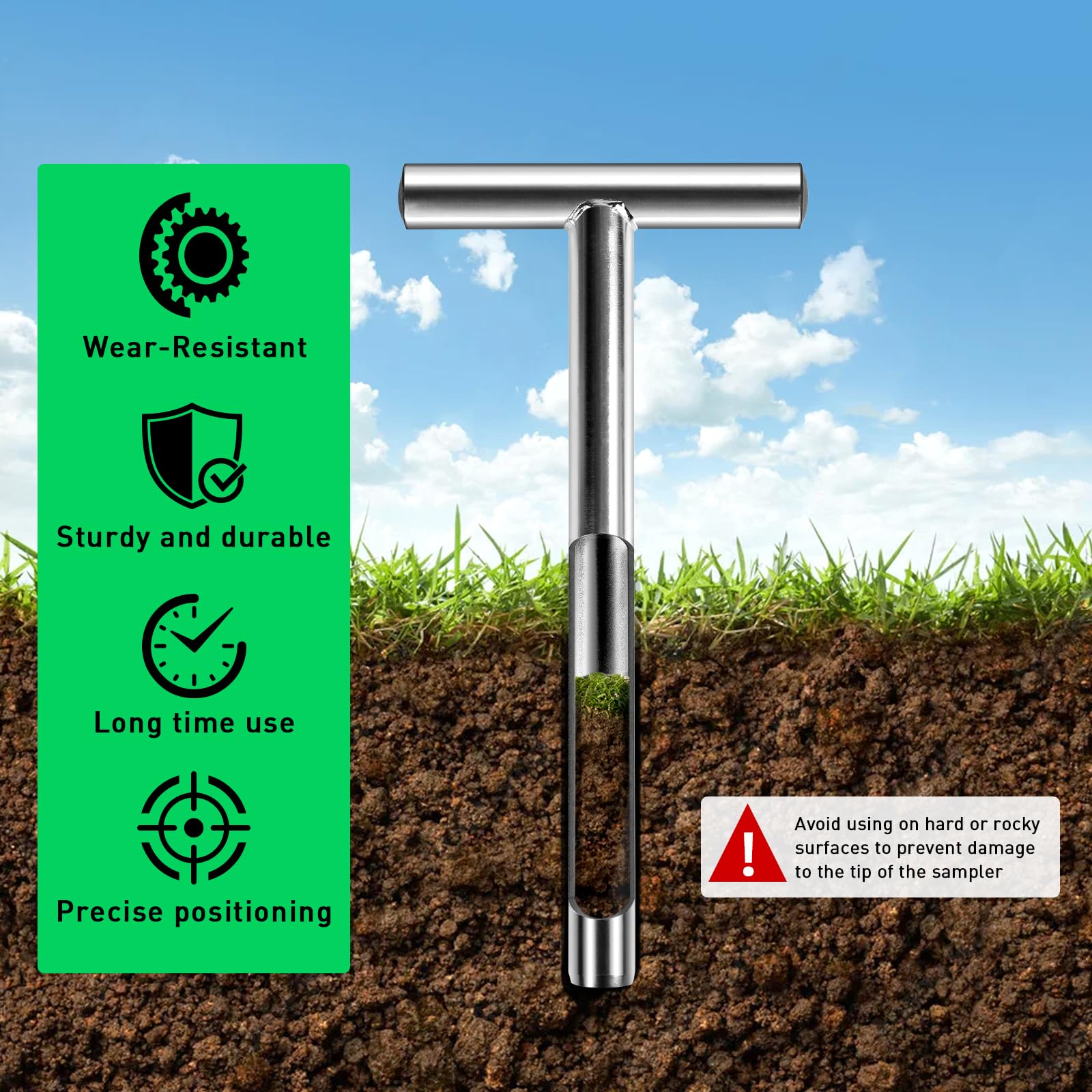 Sonda suelo 30 cm acero inoxidable 2.5 mm - Muestreador en T con 2 bolsas reutilizables para jardín, granja, césped