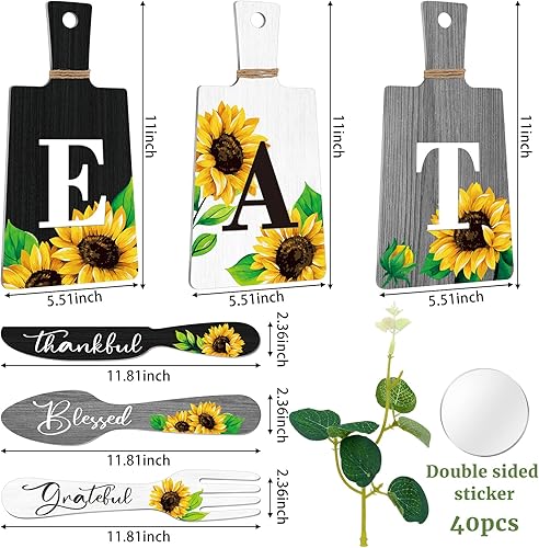 Miniatura 3 de Bucherry Juego de 6 placas de madera para colgar en la pared, diseño de girasol, letreros de comer, tenedor y cuchara, decoración de cocina y