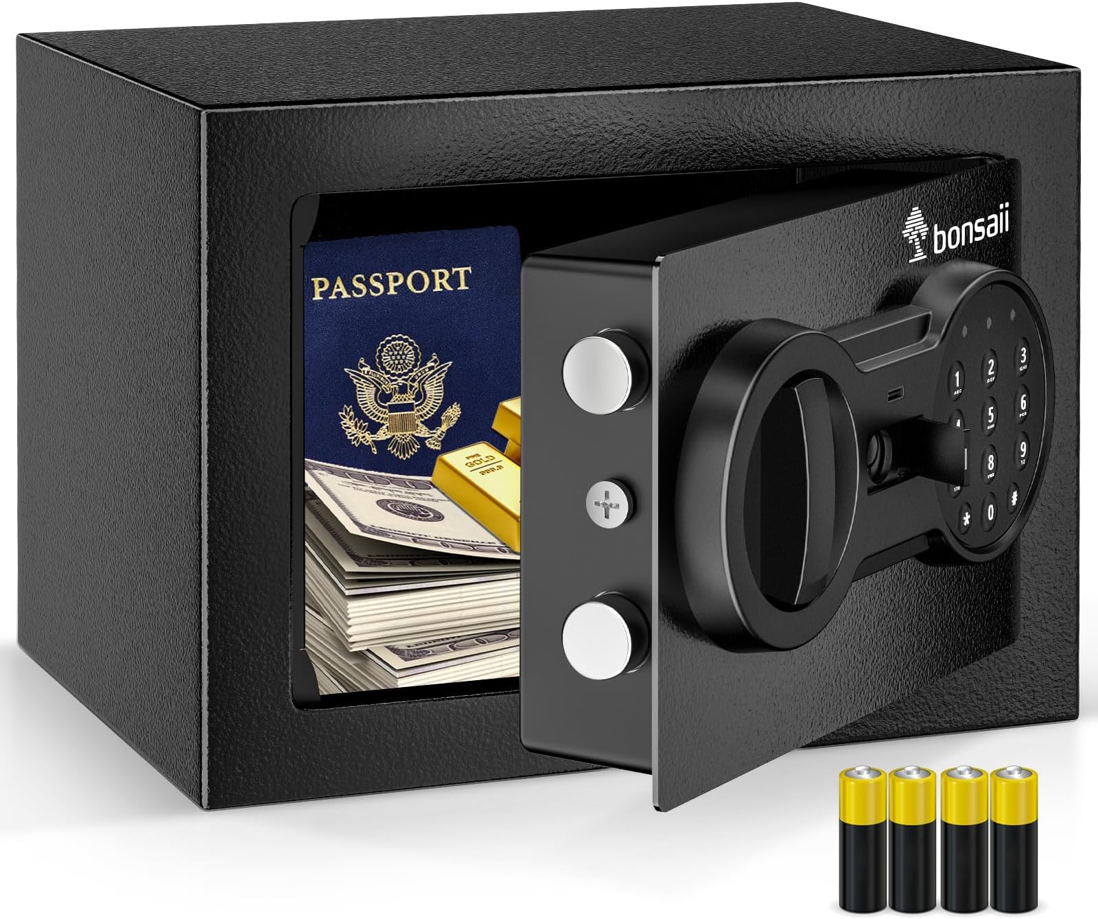 bonsaiiSafe with Electronic Keypad, Steel Security Lock Box with Key, 0.23 Cubic Feet, 9.06" W x 6.69" D x 6.69" H, Small Hidden Safe for Cash Jewelry