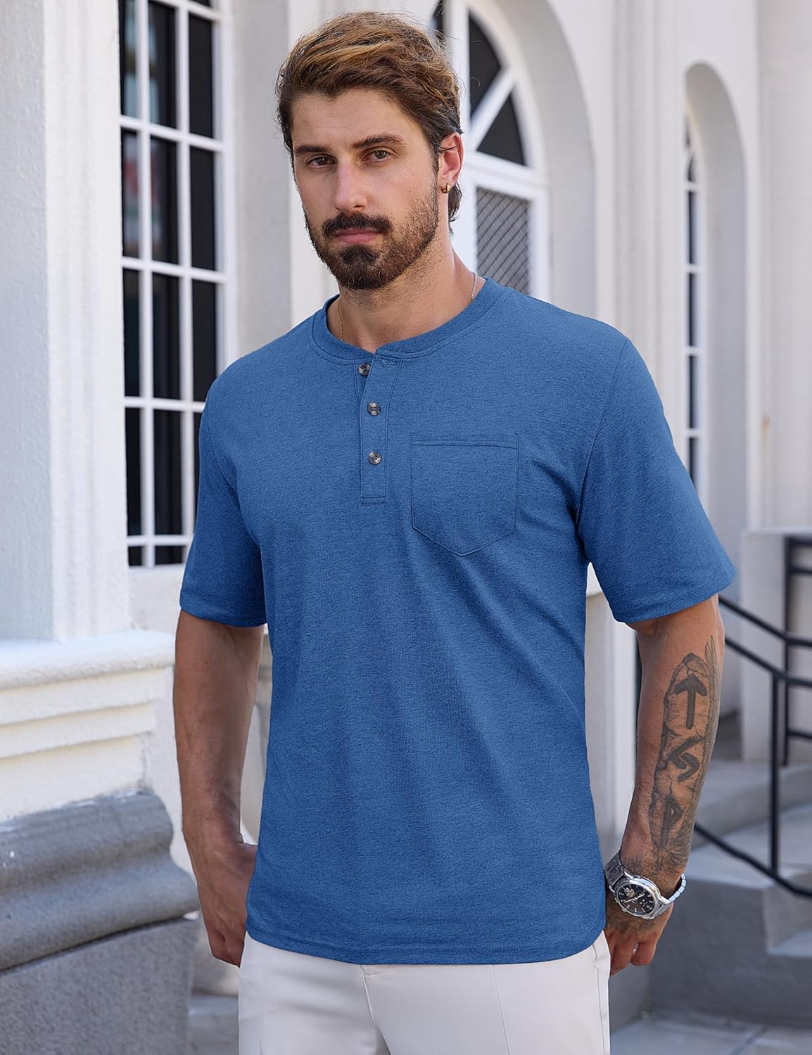 CRYSULLY Men's Henley Shirt Short Sleeve Cotton T-Shirts Pocket 3 Button Tops Lightweight Casual Basic Tee - Image 2