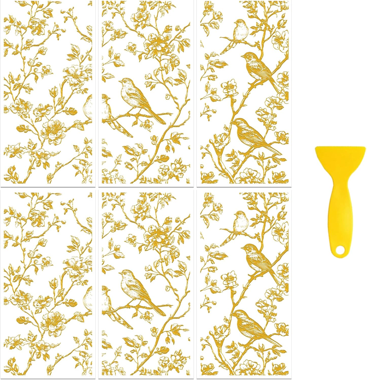 Peacoblue Rub on Transfer Decal Sticker for Furniture Craft Decor 6"x12" 2 Sheets Gold Branches and Birds, 6Pcs Waterproof UV DTF Transfer for Drawer Dresser Glass Porcelain Wood Plastic
