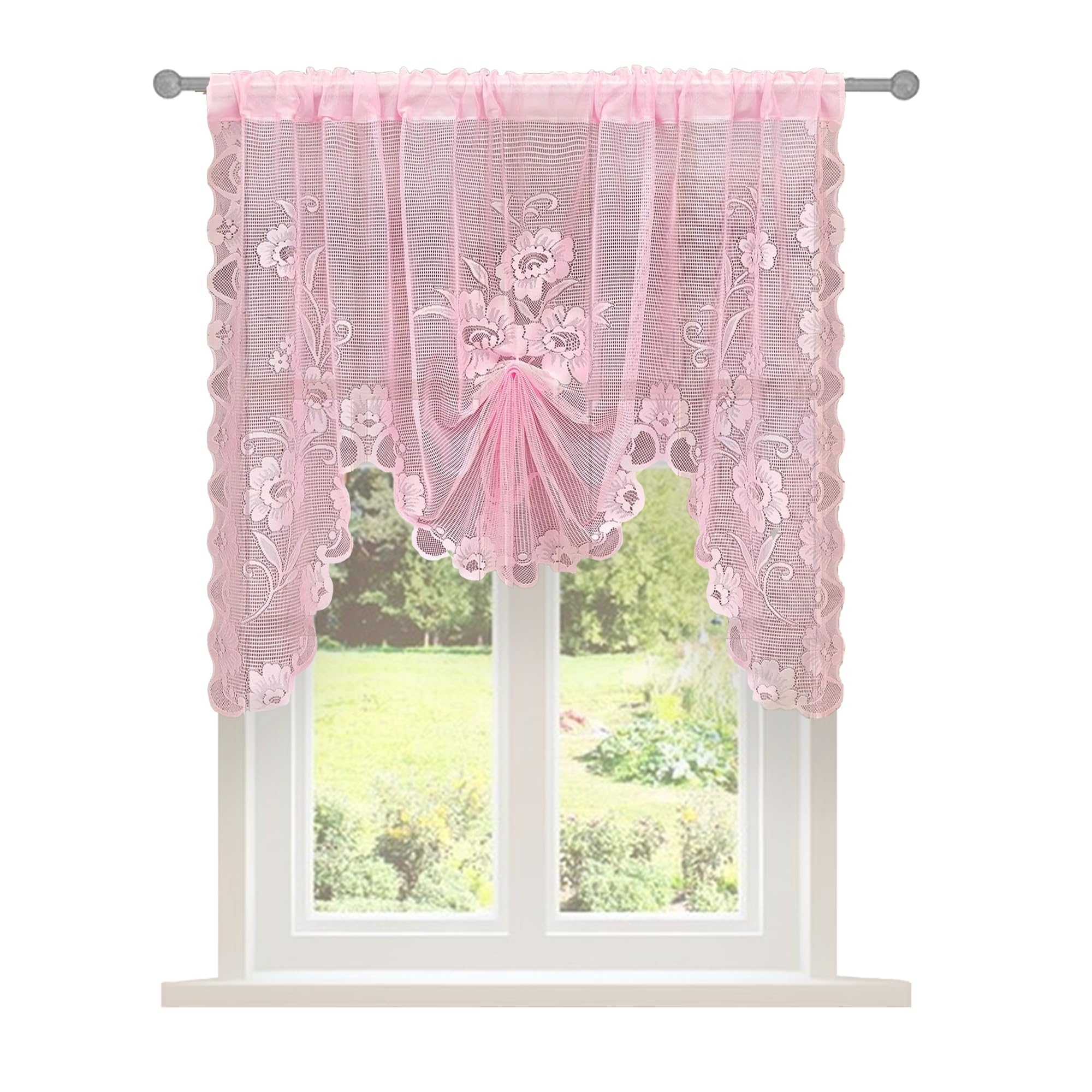 Lace Curtains, Kitchen Curtains for Open Cabinet, Kitchen Curtain Under Slab, Butterfly Style Pull Up Design for Light Filtration, Pink Lace Window Treatment-image-13