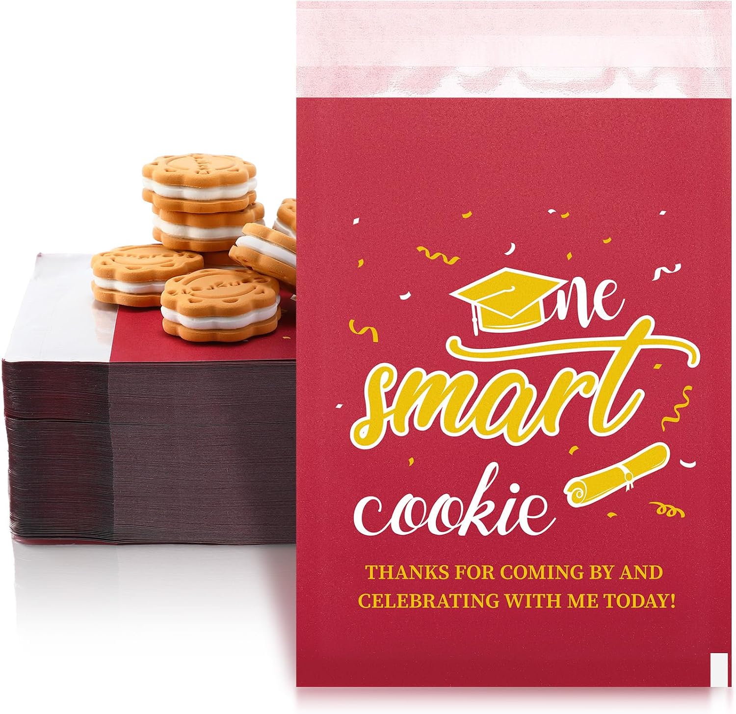 MotiMind 200 Pcs One Smart Graduation Cookie Gift Bags Self Adhesive Congrats Grad Kraft Paper Buffet Candy Treat Bags for Graduation Party Favors 2025(Brownish Red)