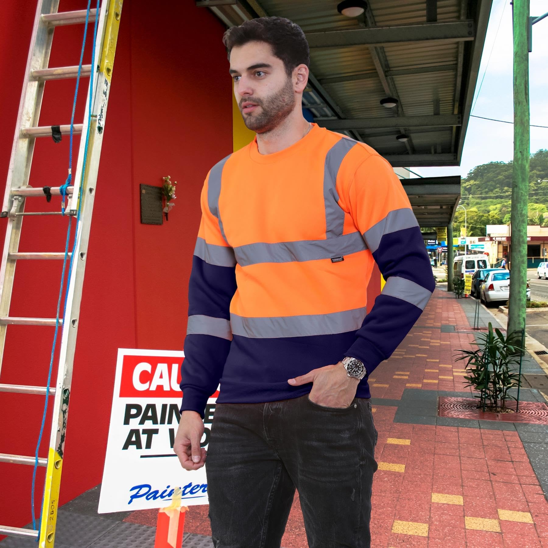 Felpa da uomo in pile riflettente ad alta visibilità, sicurezza Giallo fluo/blu navy. L
