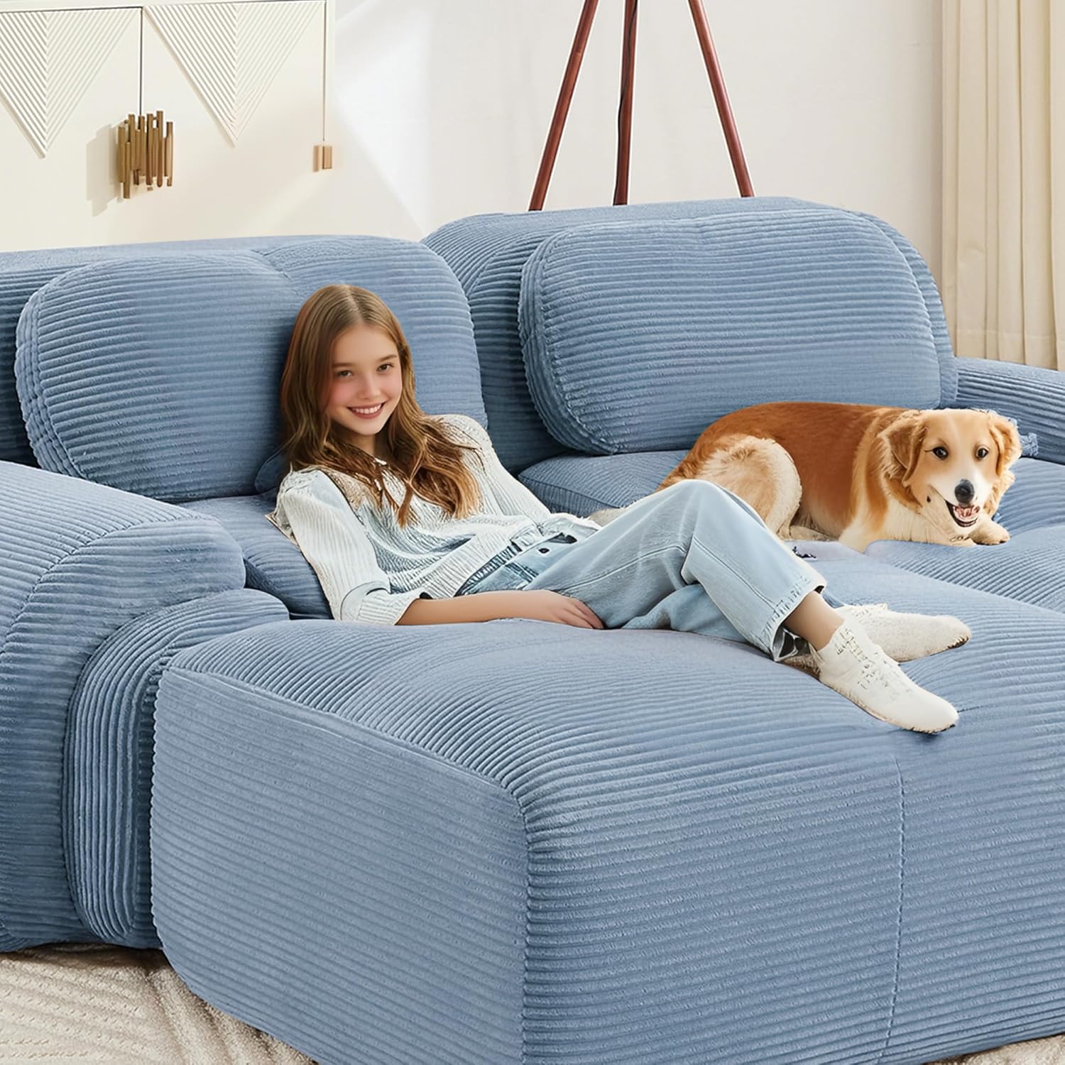 Cloud Sectional Couch Boneless L Shaped Couch, 81.8'' Modular Sectional Sofa with Ottoman, Modular Loveseat Sofa, 2 Seater Corduroy Deep Seat Couches for Living Room, No Assembly Couches, Blue
