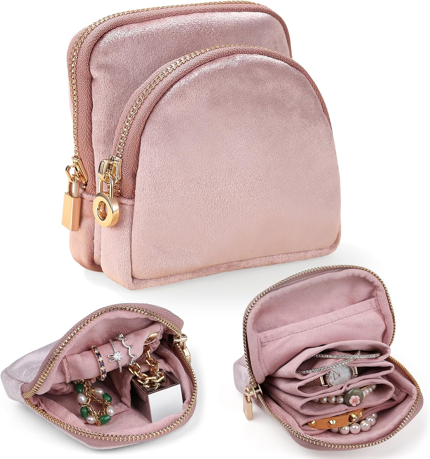 Small Travel Jewelry Case Set 2-in-1 Detachable Velvet Pouches, Portable Jewelry Organizer Bag for Rings Earrings Bracelets, Gift Box for Women (Blush Pink)