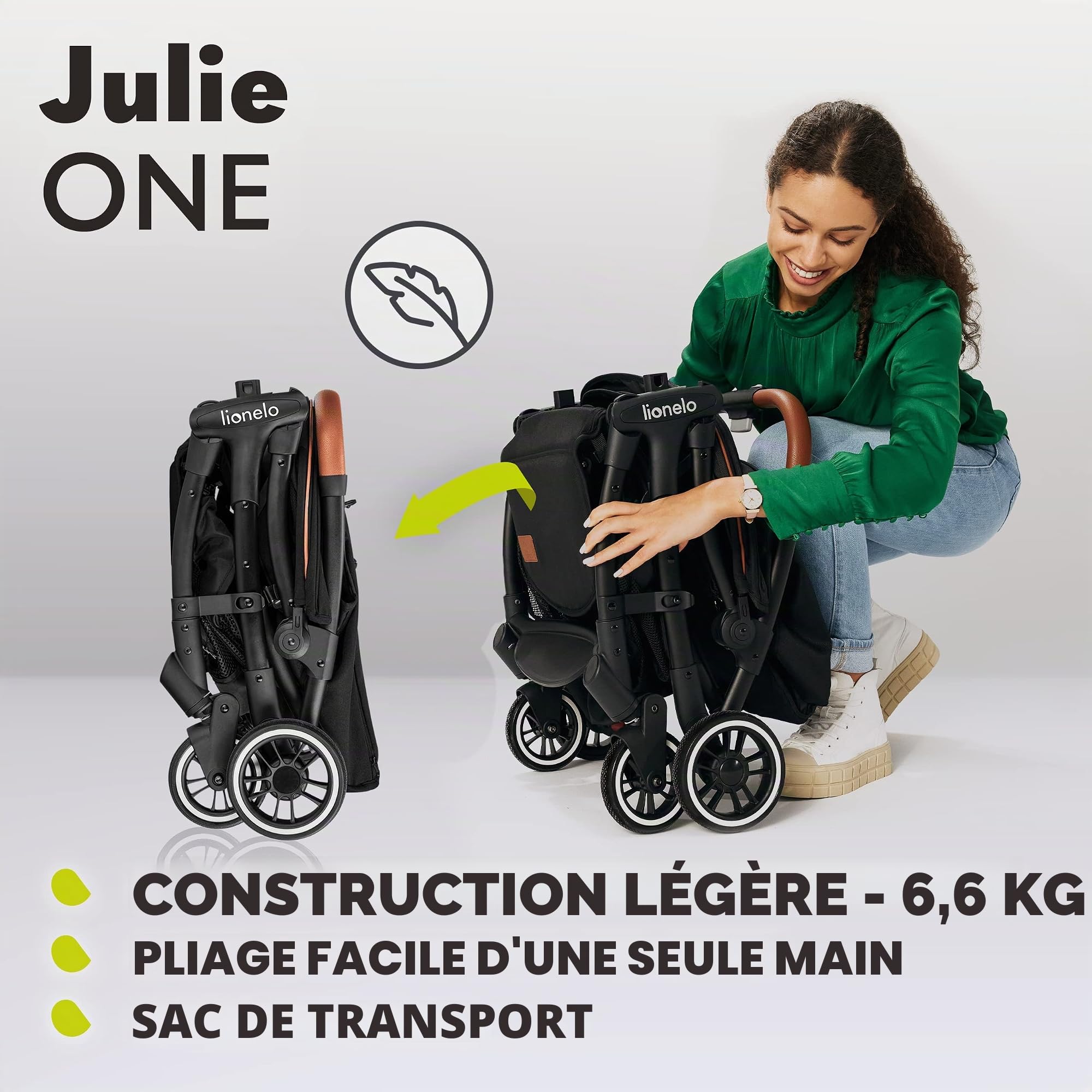 LIONELO Julie One Poussette légère pour nouveau-nés jusqu'à 22 kg Poussette compacte pliable réglable et inclinable Dossier ventilé Auvent étendu Chancelière Moustiquaire