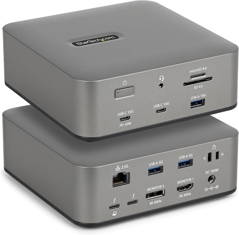 StarTech Thunderbolt 5 USB4 Dock, Dual 8K 60Hz, Triple 4K, 140W, 2.5GbE | Plug-and-play Windows 11 and macOS, Thunderbolt 5 Certified, Dual 6K on Mac, 120Gbps transfer, SD 4.0, 30W phone, USB 10Gbps