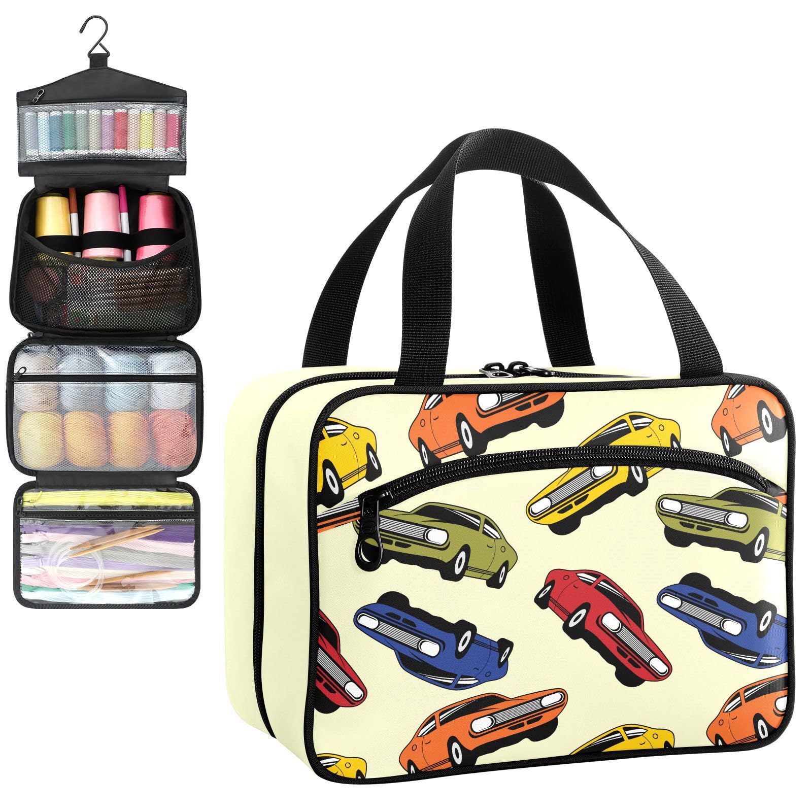 YNNALE Sewing Supply Organizer Bag, 70s Car Light Yellow Retro Cars Portable Sewing Bags with Pockets&Hanger, Sewing Storage Box Case for Sew Supplies/Kit/Tools/Accessories (BAG ONLY)