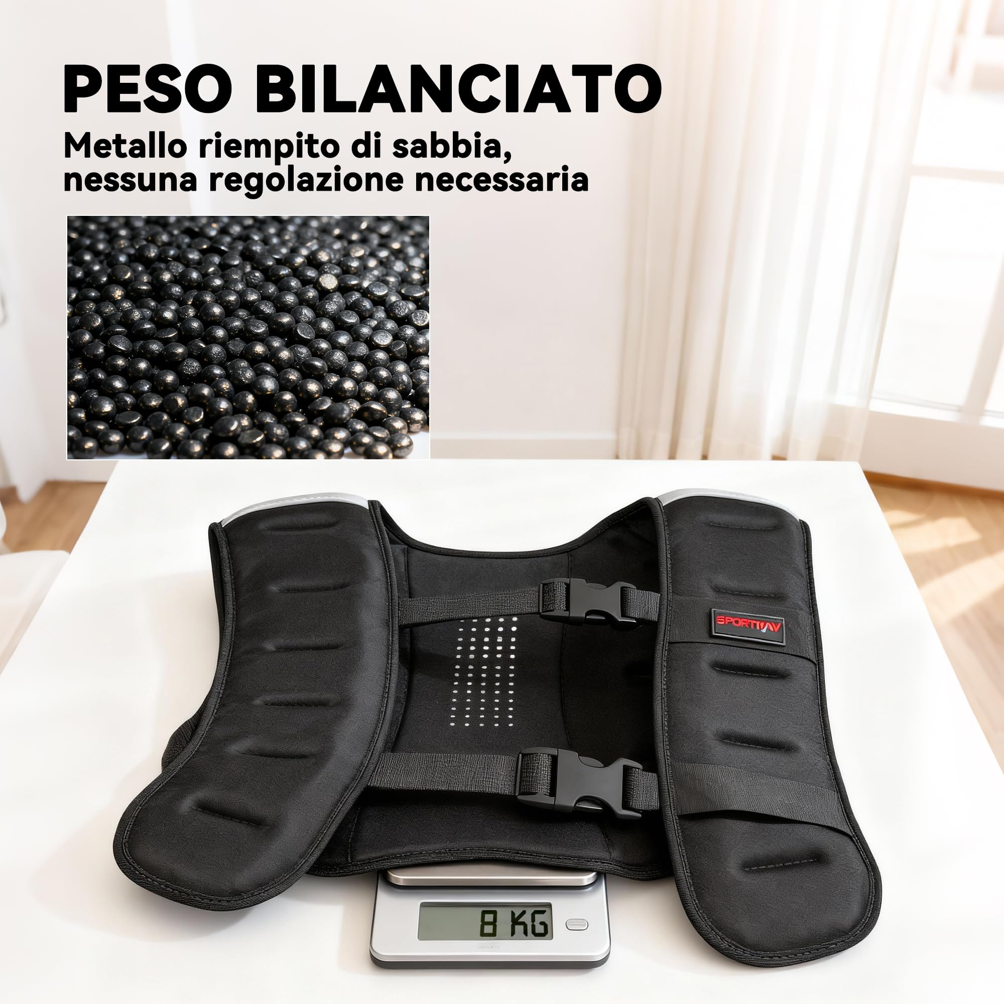 SPORTNOW Giubbotto Zavorrato da 8 kg con Cinghie Regolabili e Strisce Riflettenti, Gilet con Pesi in Neoprene Traspirante e Sabbia Metallica, 43x33 cm, Nero