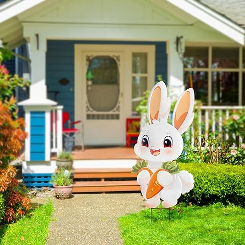 Miniatura 6 de Letreros de metal para patio de Pascua para exteriores, 41.7 pulgadas de alto, bonitas estacas de jardín de Pascua, estacas decorativas de conejito