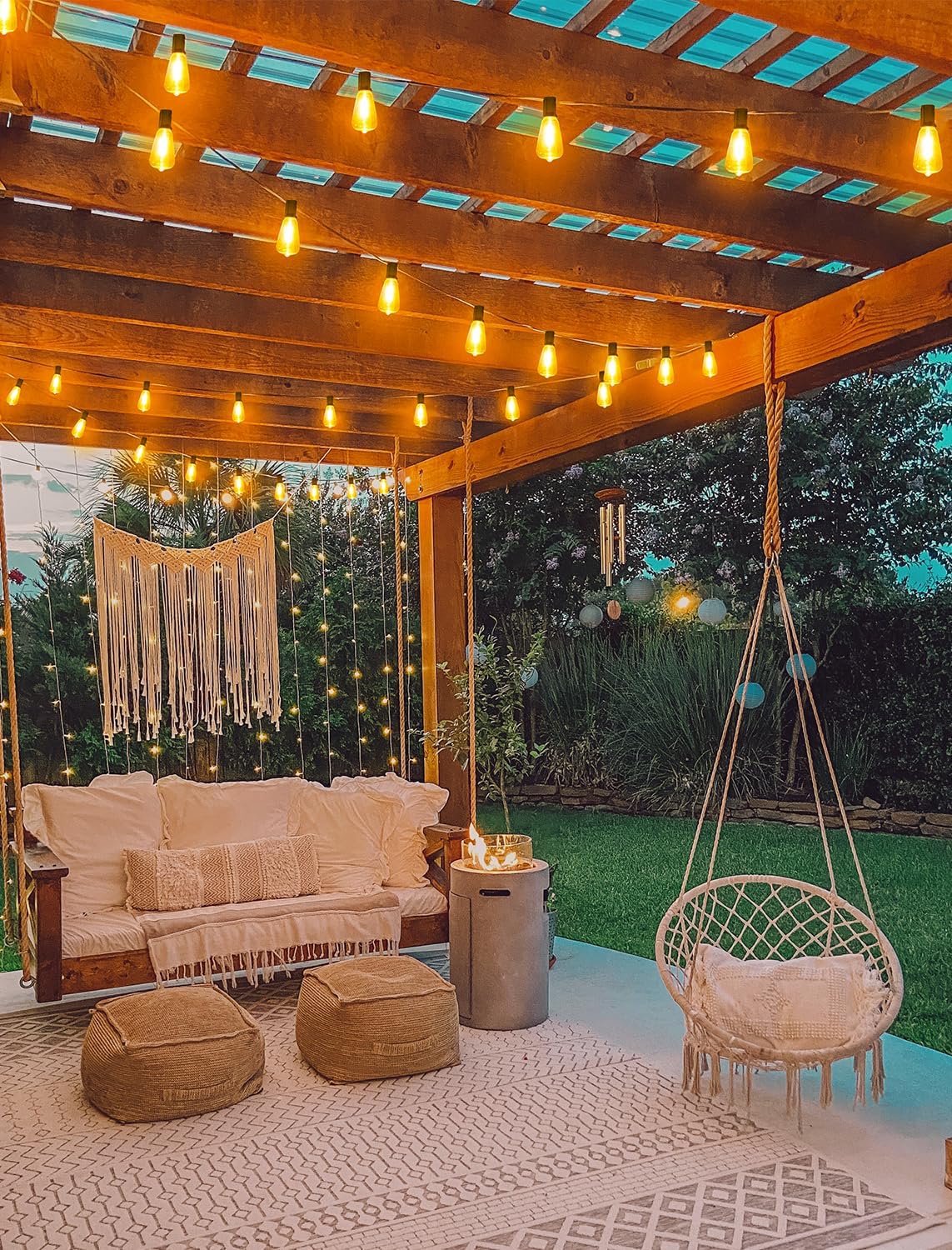 Larkvue 96FT(2x48FT) Solar Outdoor String Lights with Remote & Timer, Dimmable Patio Lights with 30+2 Shatterproof ST38 LED Bulbs for Outside-Black