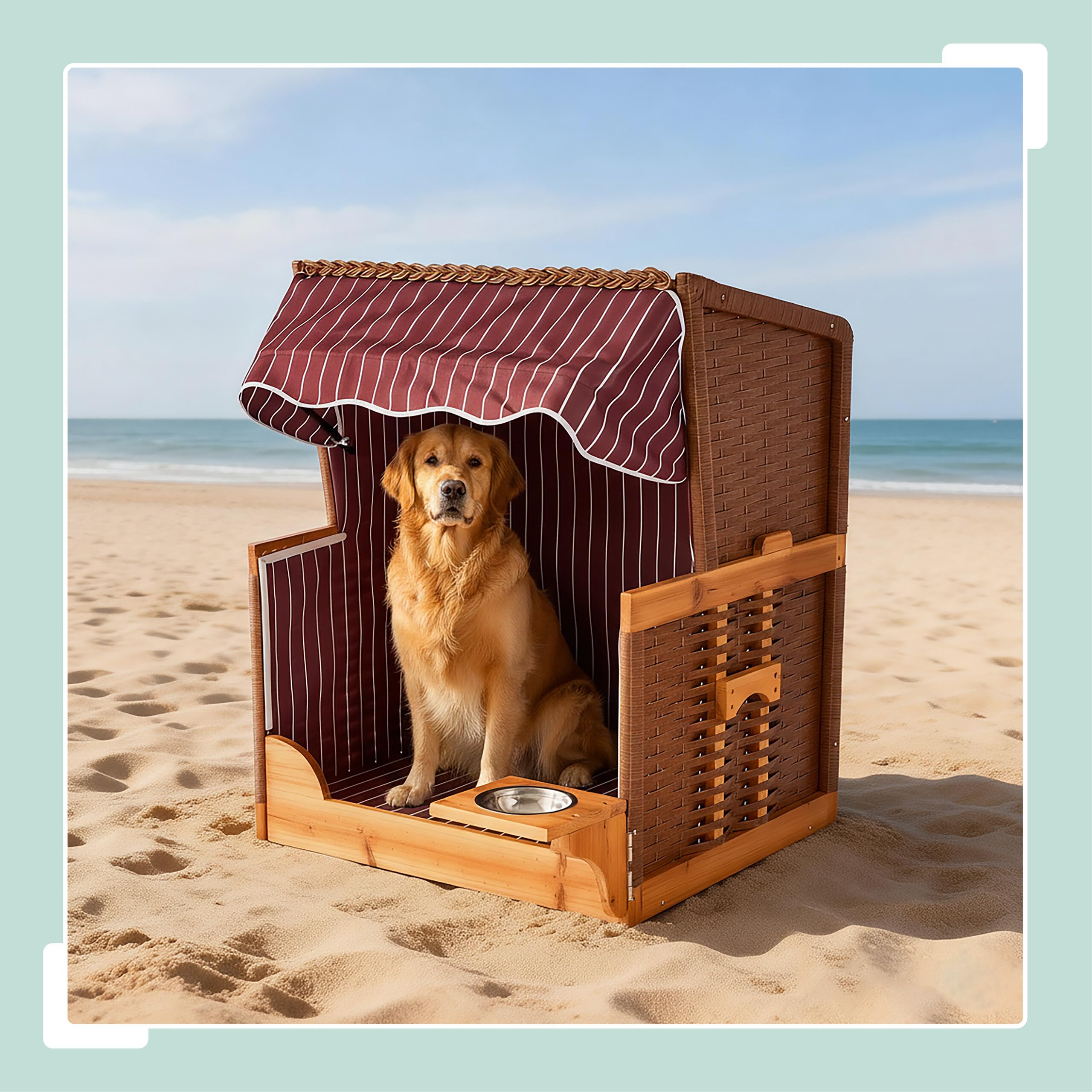 Relaxdays Fauteuil Chien en rotin avec Toit et gamelle, 95x75x65 cm, Jardin/terrasse, Bois, Rouge foncé