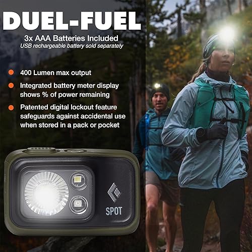 Miniatura 2 de BLACK DIAMOND Spot 400 - Linterna frontal  400 lúmenes de brillo, regulable  Impermeable y duradera  Funciona con 3 pilas AAA (incluidas)  Oliva