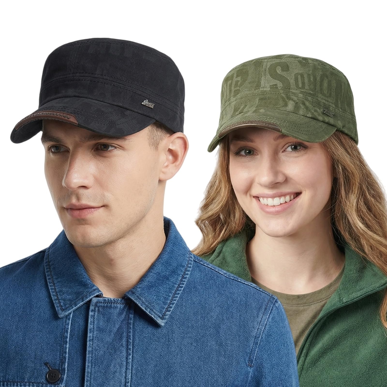 HIQIU 2 Stück Military Cap Herren aus Baumwolle Vintage Army Cap Damen | Verstellbar Armee Flat Kappe, Cadet Hut, Unisex Militär Baseballmütze