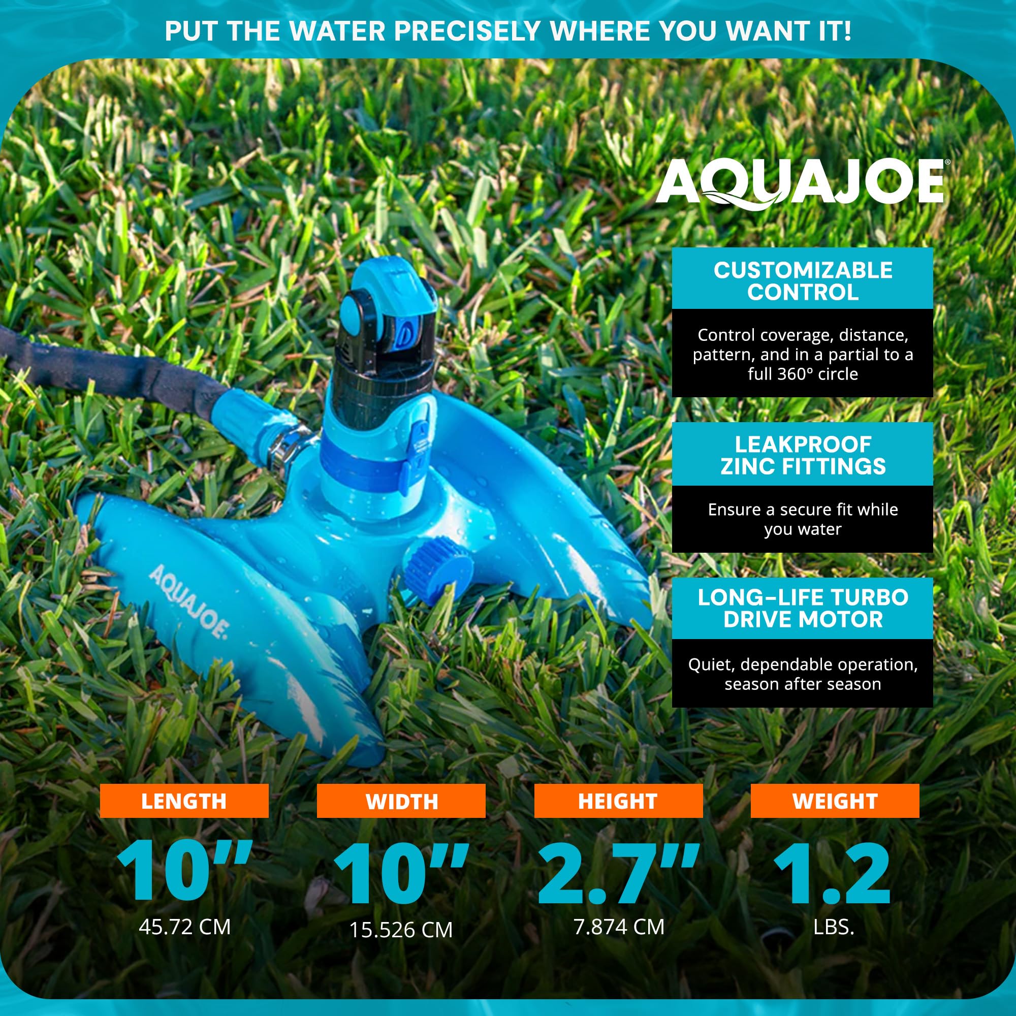 Aqua Joe AJ-MSSBM - Rociador con 4 Patrones y Base de Metal Plana para Cualquier Paisaje