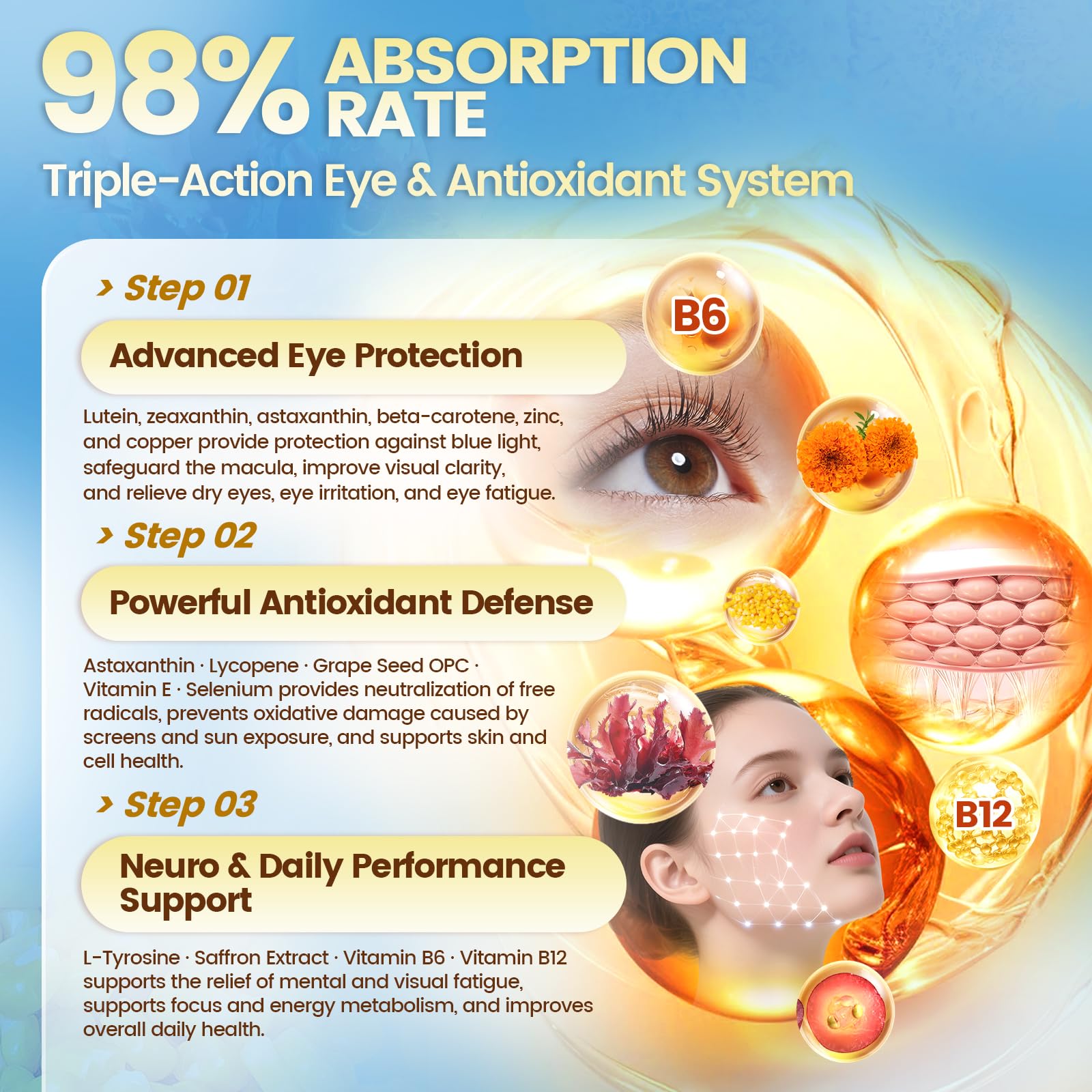 VivoNu Astaxanthin 12 mg & Lutein 40 mg – 6-Monats-Vorrat - Beta Carotin, Zeaxanthin - aus frischer Mikroalgenquelle, unterstützt Augen, Haut, Gelenk antioxidativer Schutz, 180 Weichkapseln