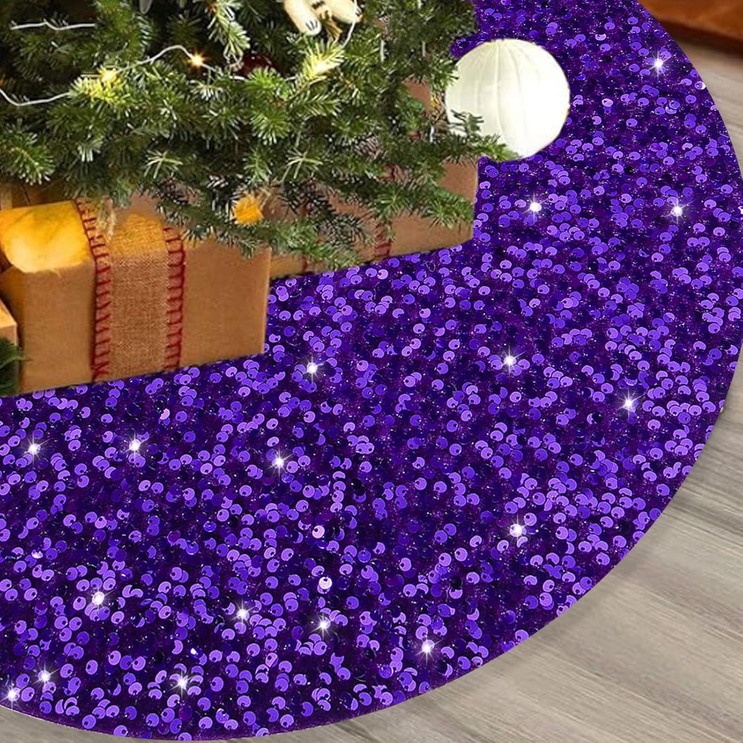 48 Inch Purple Sequin Christmas Tree Skirt，Large Xmas Tree Skirts Round Tree Base Skirt for Christmas Tree Decorations for Artificial Christmas Tree Base Cover Party Decoration (48 in)