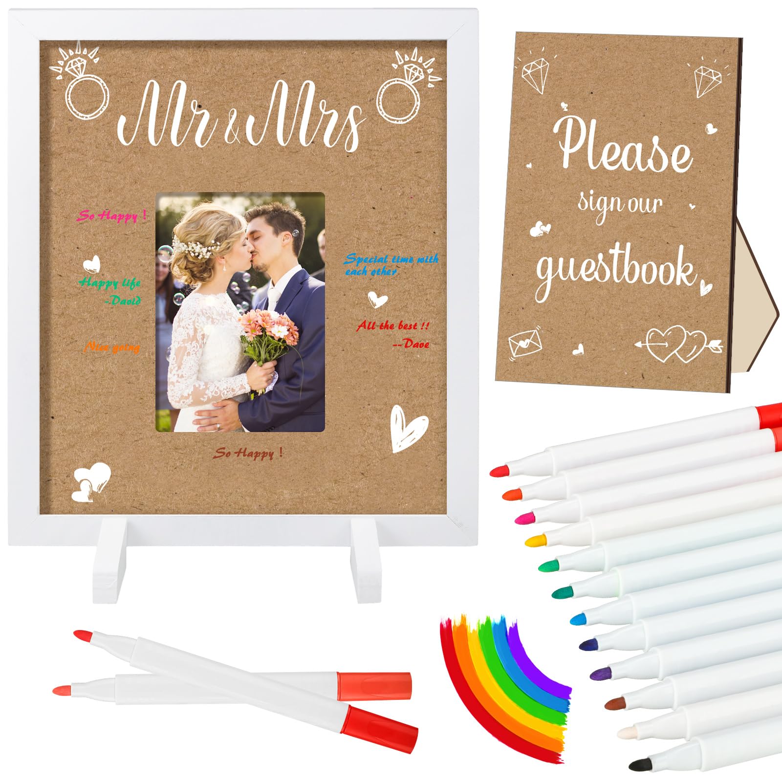 Photo 1 of Wedding Guest Book Alternative 12 x 14'' Rural Wedding Signature Picture Frame Wood Displays 5 x 7'' Pictures with Mat Rural Wedding Wooden Table Sign for Wedding Reception Anniversary Parties Rural Style