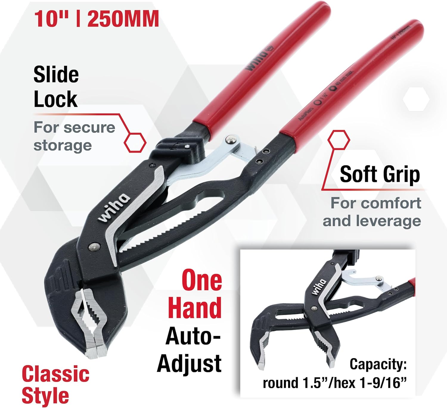 Wiha 32637 Classic Auto Grip VJaw Tongue and Groove Pliers 10 inch