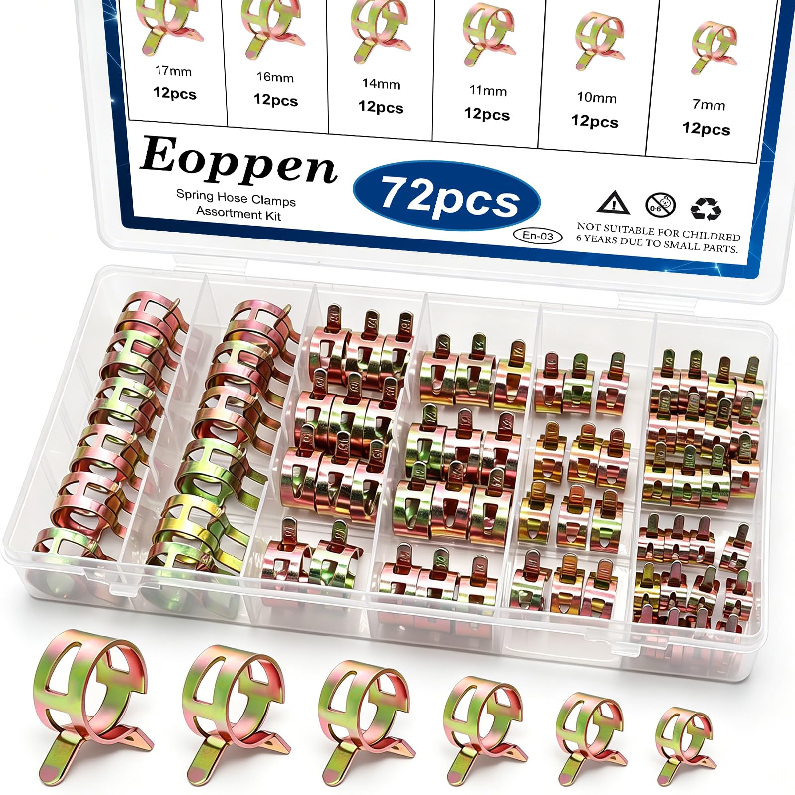 72Pcs Spring Hose Clamps Fuel Line Silicone Vacuum Hose Low Pressure Air Clamps &amp; Sleeving Automotive Replacement Fastener Assortment Kit 6 Sizes (7mm 10mm 11mm 14mm 16mm 17mm)