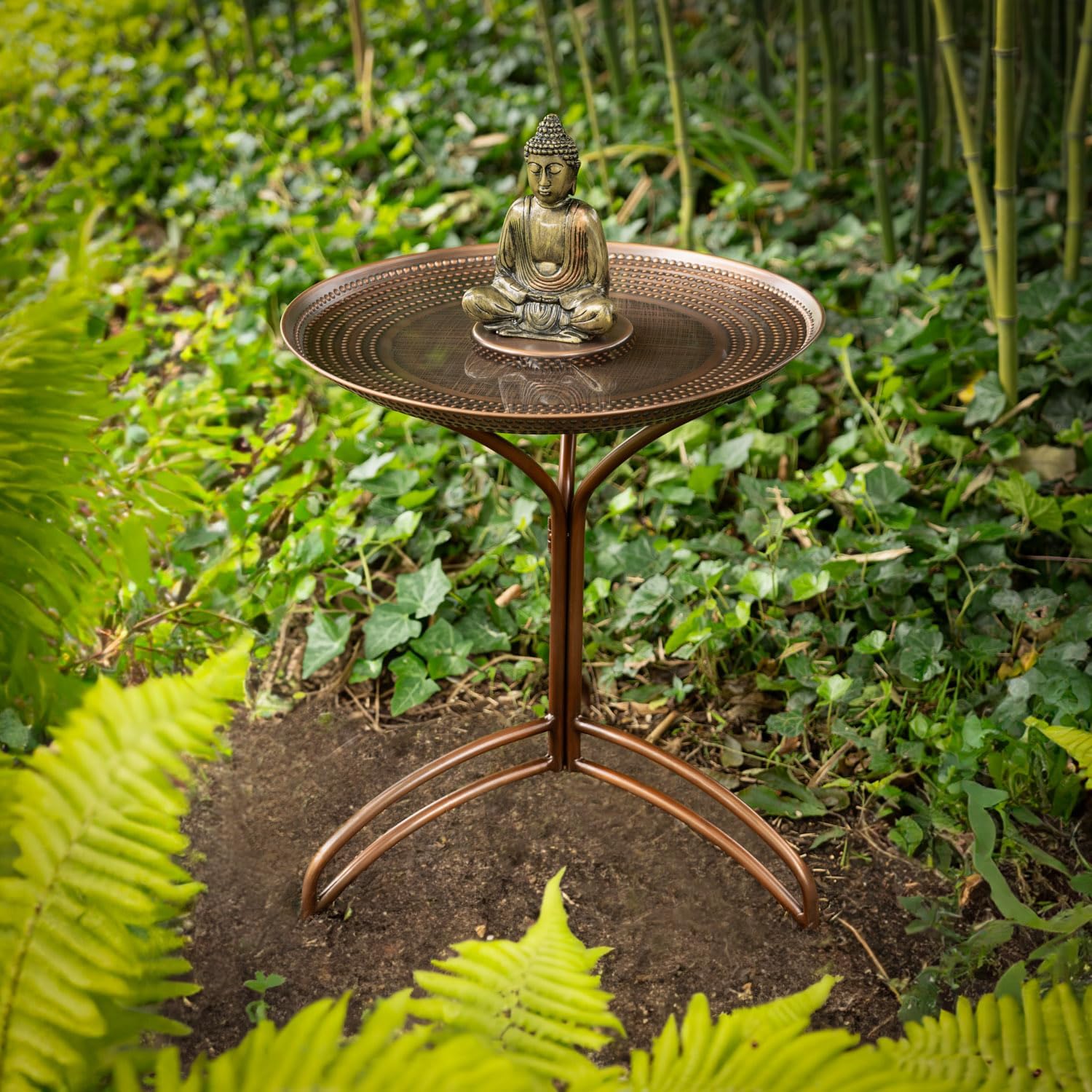 Good Directions BBG20-2 Tranquility Hand-Hammered Pure Copper Birdbath, Featuring Meditating Buddha, 20” Diameter, Powder-Coated Steel Stand
