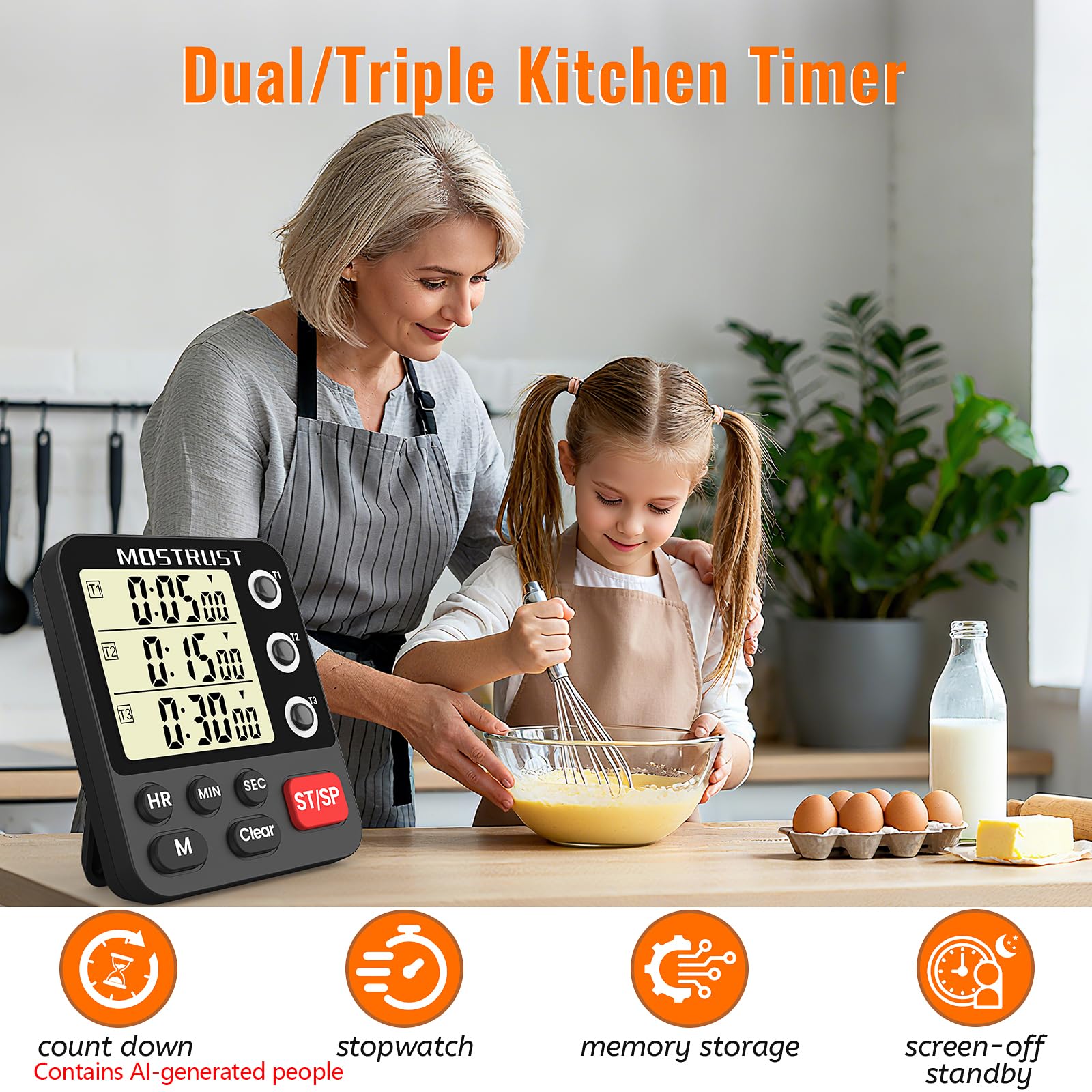 Temporizador digital de cocina doble, temporizador de cuenta regresiva independiente de 3 canales, pantalla grande, alarma fuerte, memoria de triple cronómetro con parte trasera magnética