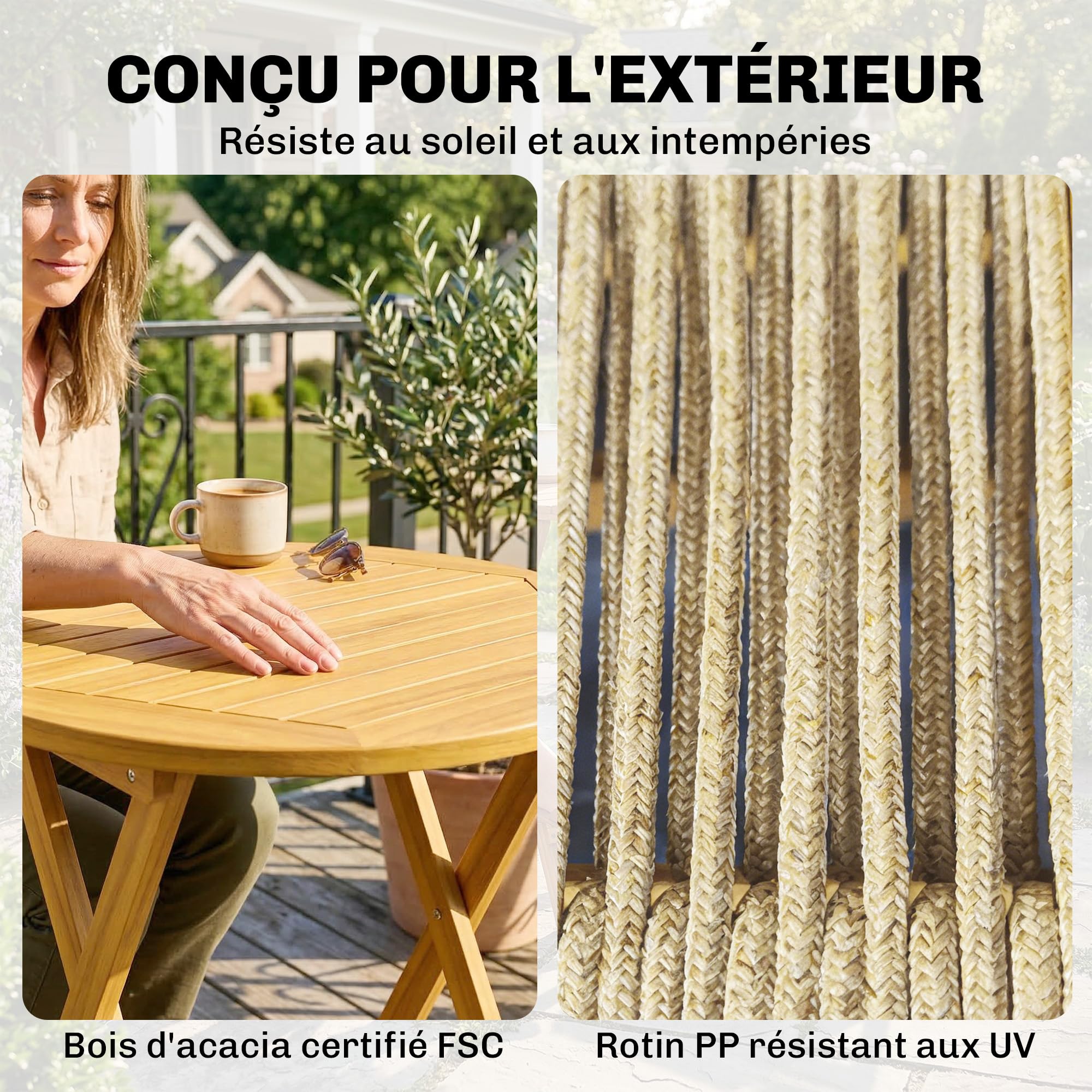 Outsunny Salon de Jardin 3 Pièces en Bois d'Acacia et Cordage PP - Table Ronde et 2 Chaises Pliables - Mobilier Extérieur Design Boho Naturel