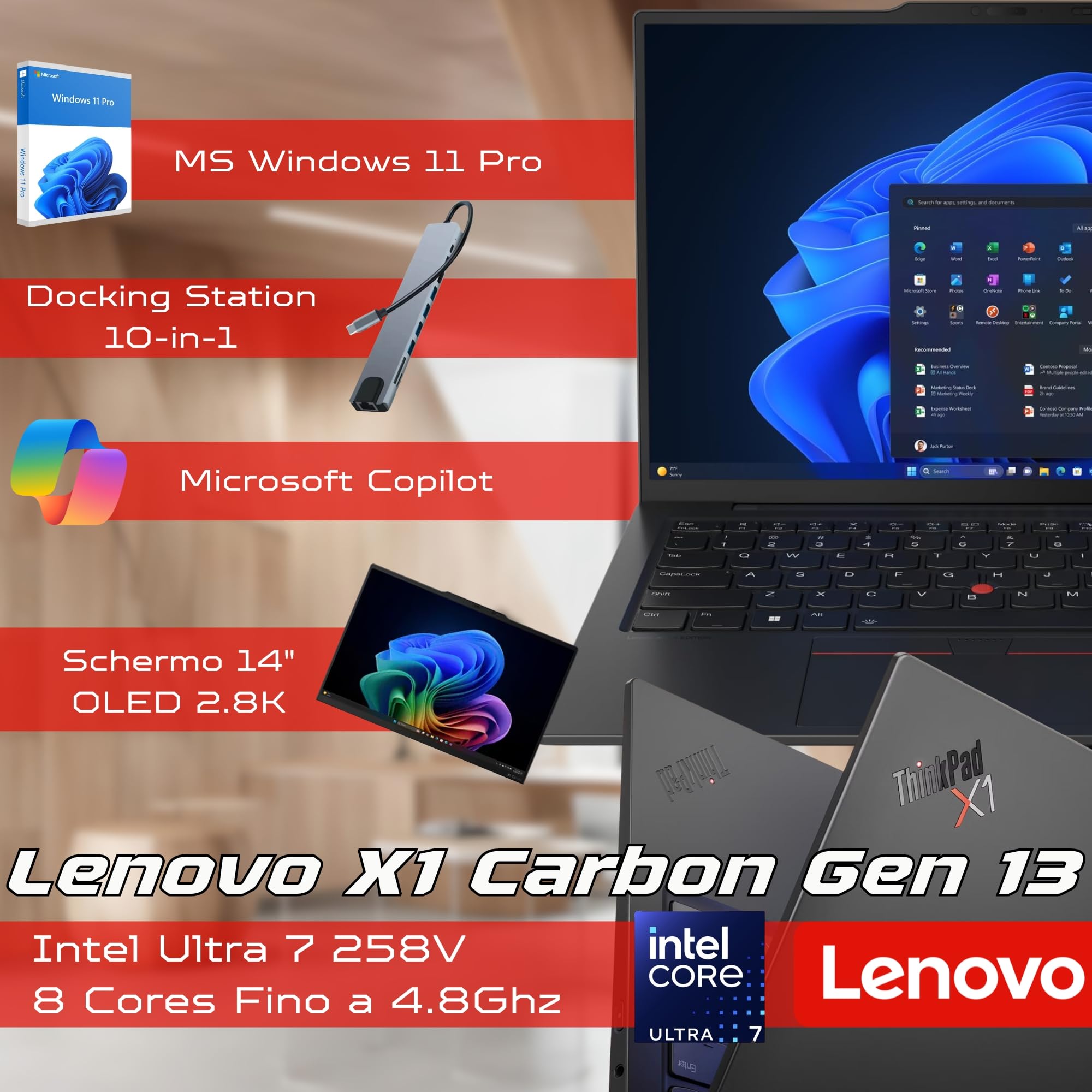 Lenovo Notebook Business ThinkPad X1 Carbon Gen 13 Aura Edition, Intel Core Ultra 7-258V, NPU, Display OLED 14" 2.8k 32GB LPDDR5x, NVMe Windows 11 Pro + Office 2024, Docking Station 10-in-1 Inclusa