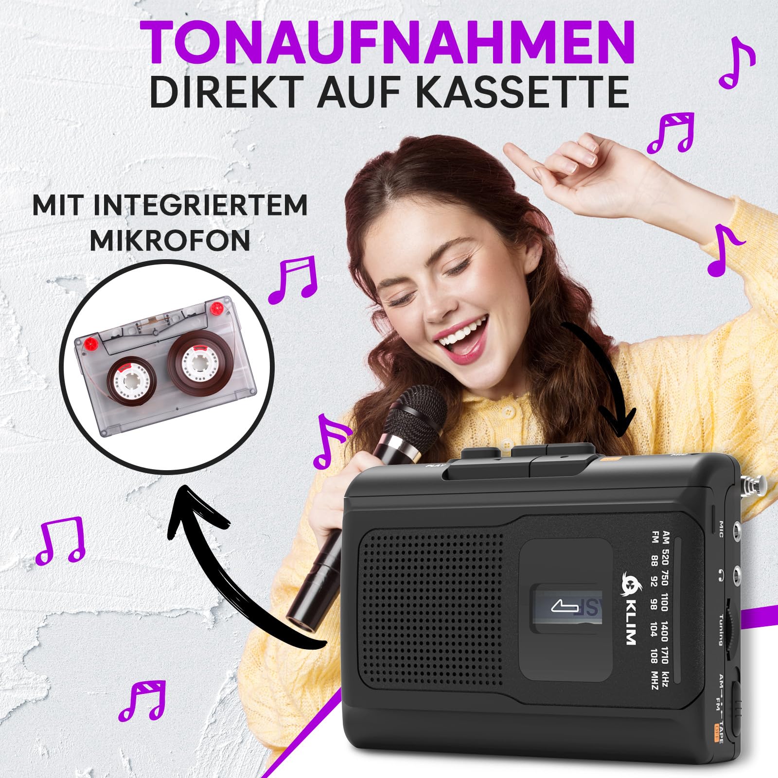 KLIM K8 Kassettenspieler mit Fusion-Kopfhörern - Kassettenrekorder - NEU Cassette Player - AM/FM Kassettenradio - Eingebautes Mikrofon & Lautsprecher - Kopfhöreranschluss & Ohrhörer - Schwarz