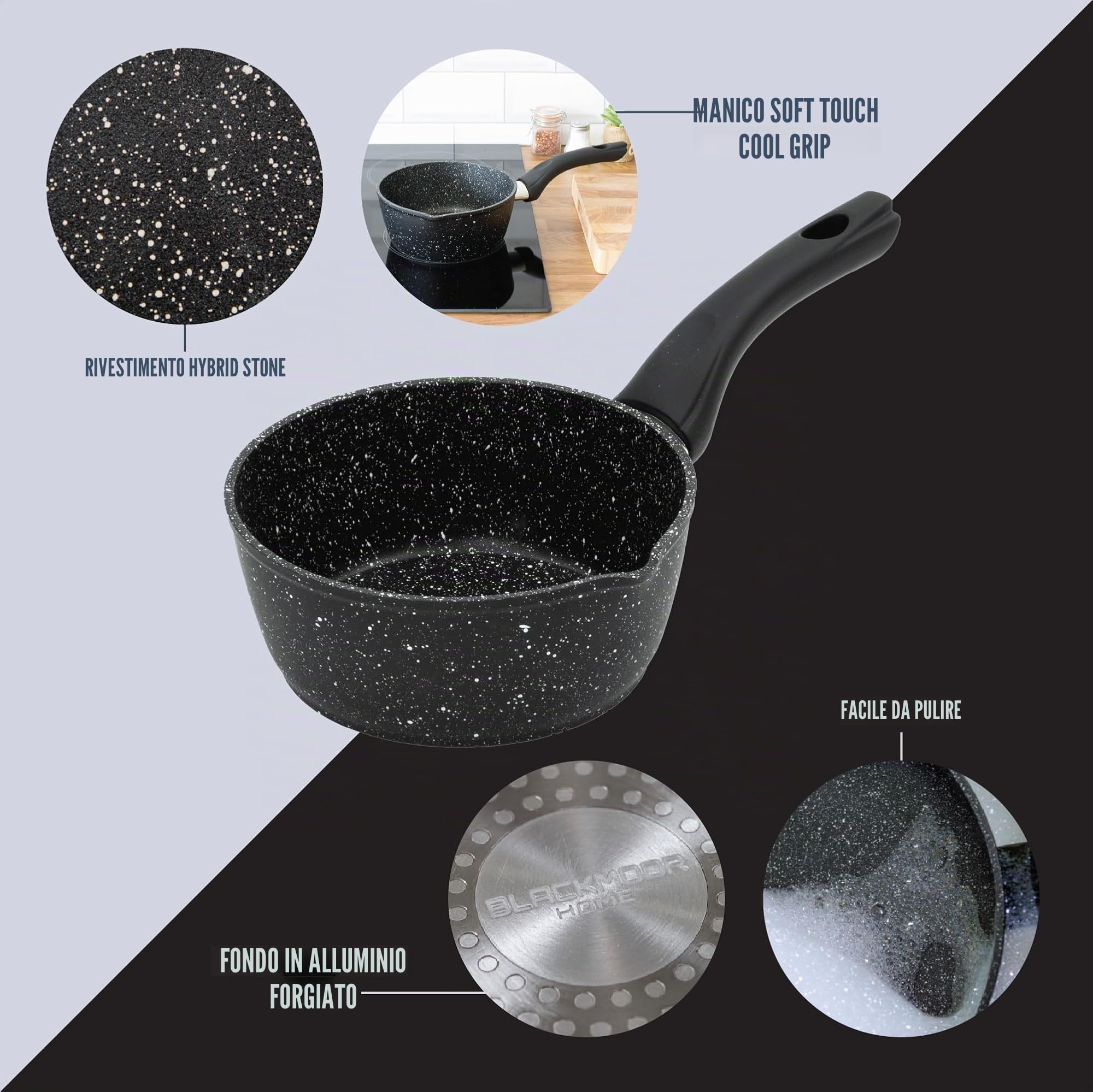 Blackmoor Pentola per il Latte da 16 cm/Rivestimento Antiaderente/Manico Cool Touch/Caratteristiche Unico Beccuccio Versatore/Induzione, a Gas ed Elettrici/Nero