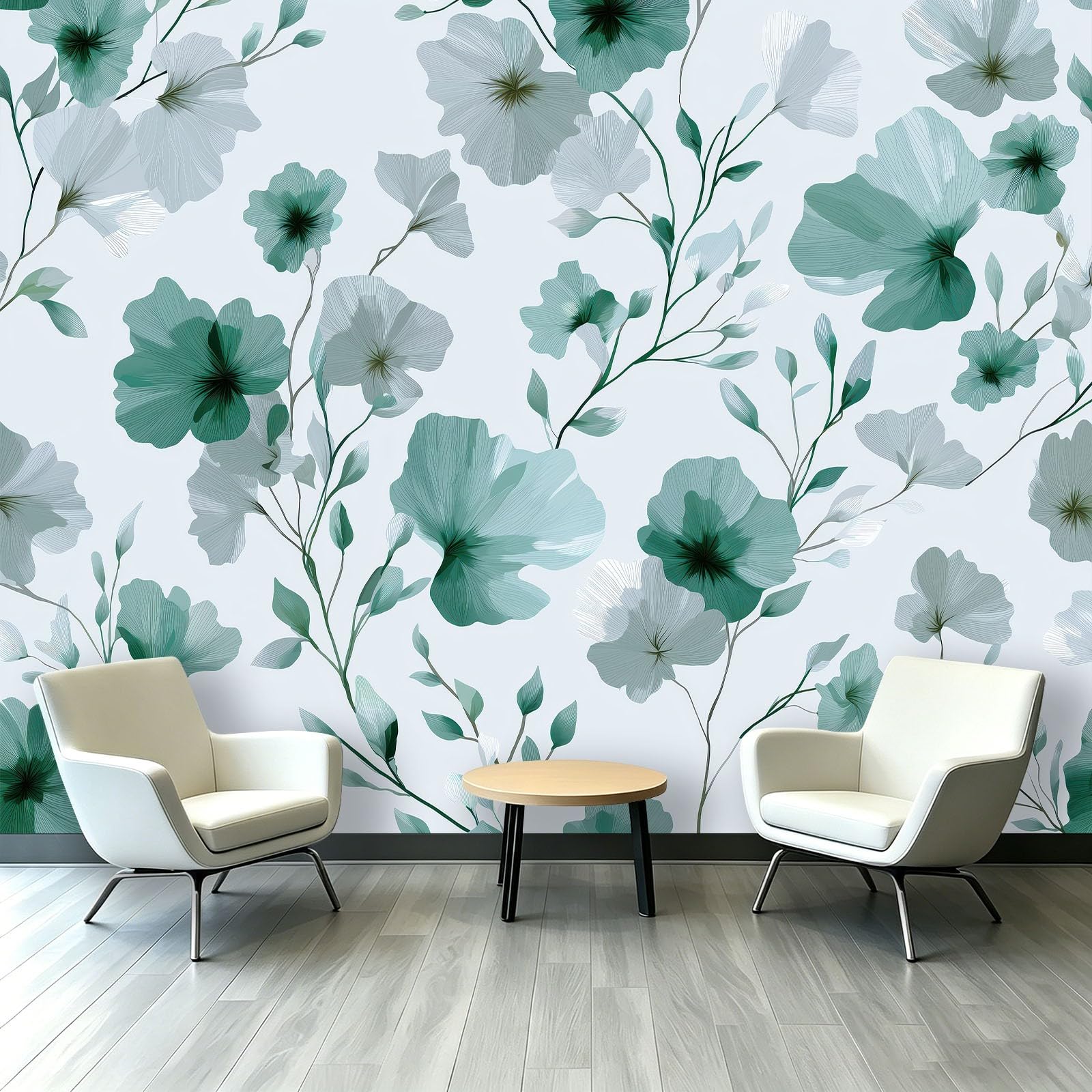 Carta da parati fotografica con motivo botanico scandinavo, 250 x 175 cm (larghezza x altezza), stampa artistica di alta qualità, decorazione per la casa, fai da te, fiori e foglie verdi, per bagno