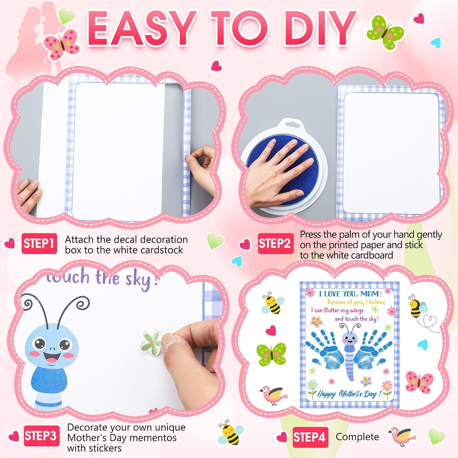 Beeveer 48 Sets Mother's Day Handprint Crafts DIY Religious Hand Keepsake Craft Gifts with Flower Stickers for Mom Dad Home Party Activities(Bright Colors)
