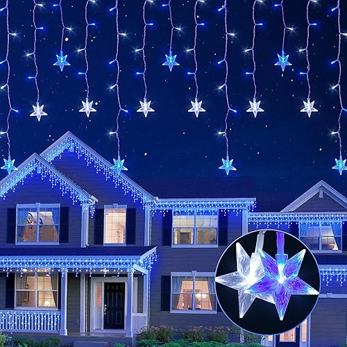 Miniatura 8 de 200 luces LED de carámbano de Navidad con estrella, cortina de 16.5 pies, 40 caídas, 8 modos con temporizador, estrella para telón de fondo, boda,